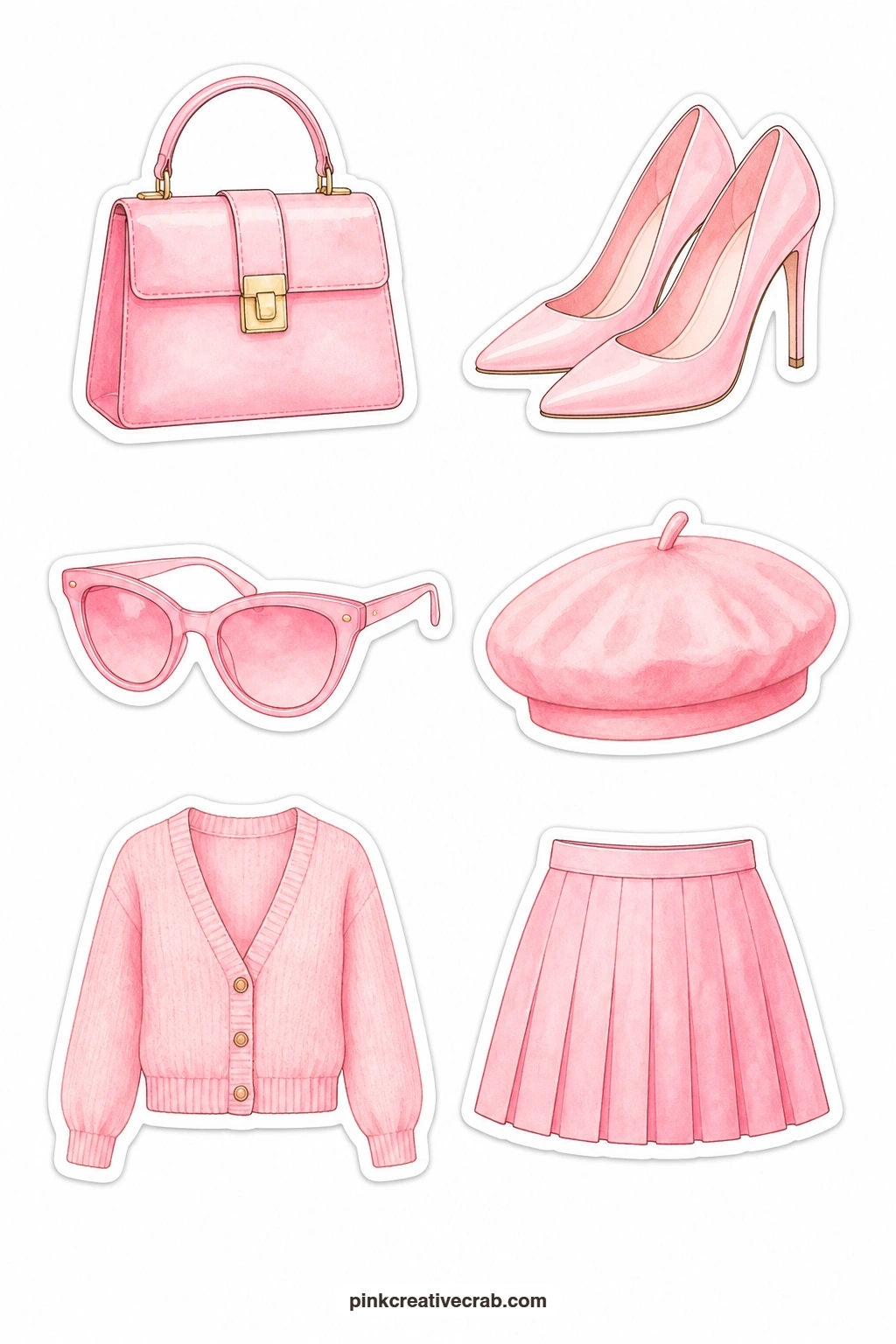 Pink Fashion Stickers printable page — A handbag, a pair of heels, a pair of sunglasses, a beret, a cardigan and a skirt round out six wardrobe pieces for