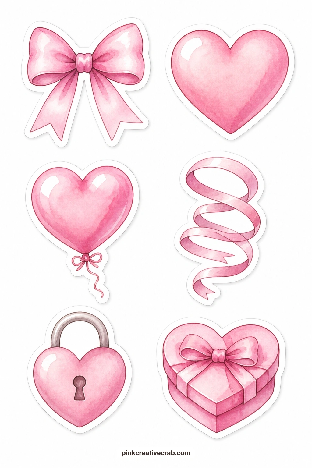 Pink Bows and Hearts Stickers printable page — A bow, a heart, a heart balloon, a ribbon, a heart-shaped lock and a heart box give this sheet six sweet shapes