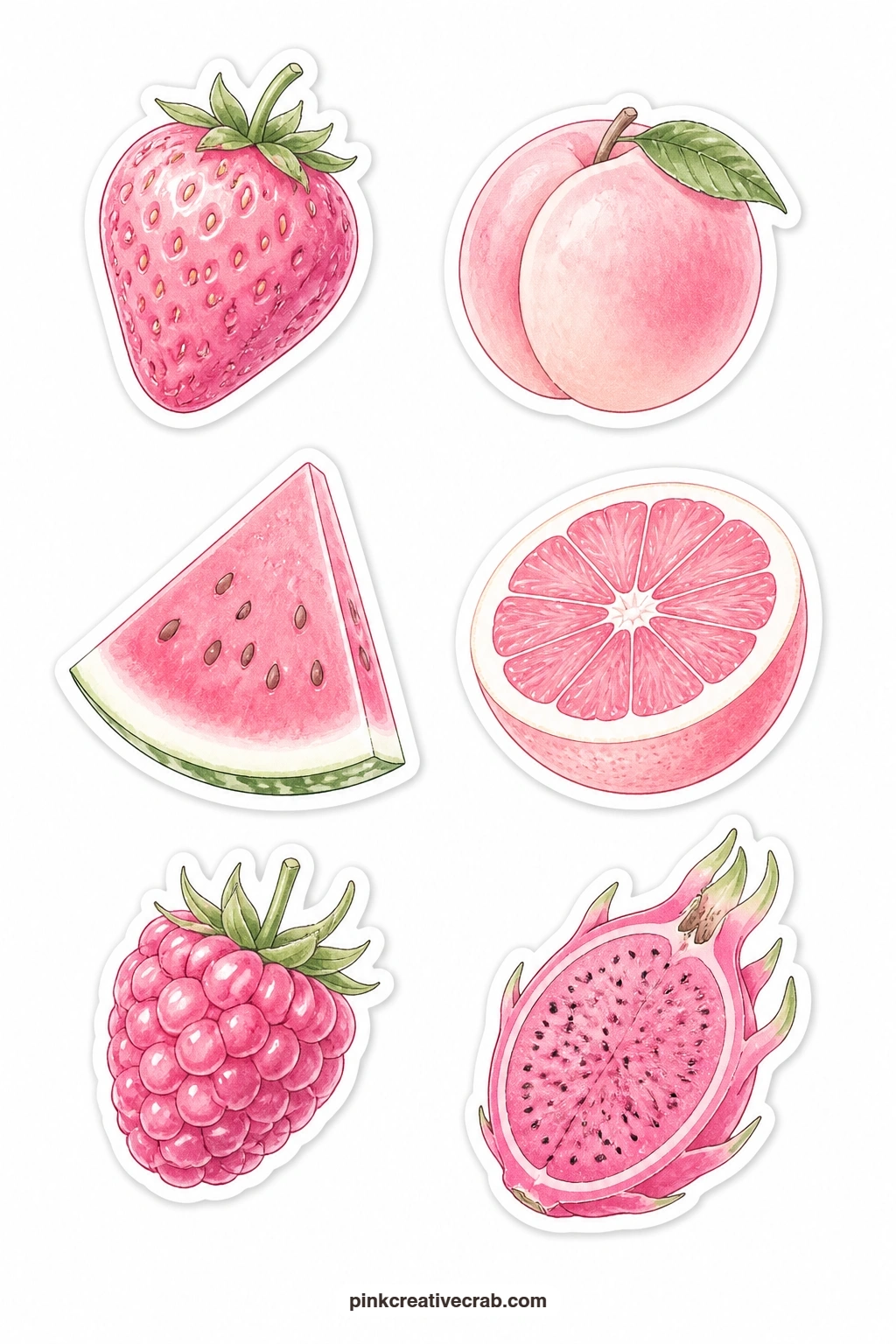 Pink Fruit Stickers printable page — A strawberry, a peach, a watermelon slice, a pink grapefruit half, a raspberry and a dragon fruit slice bring six fruits