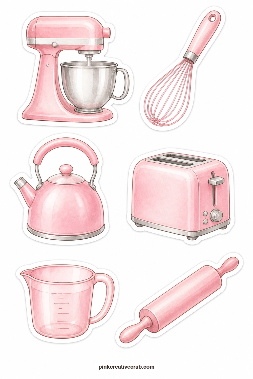 Pink Kitchen Tools Stickers printable page — A stand mixer, whisk, kettle, toaster, measuring cup and rolling pin fill this sheet with six baking tools in pink