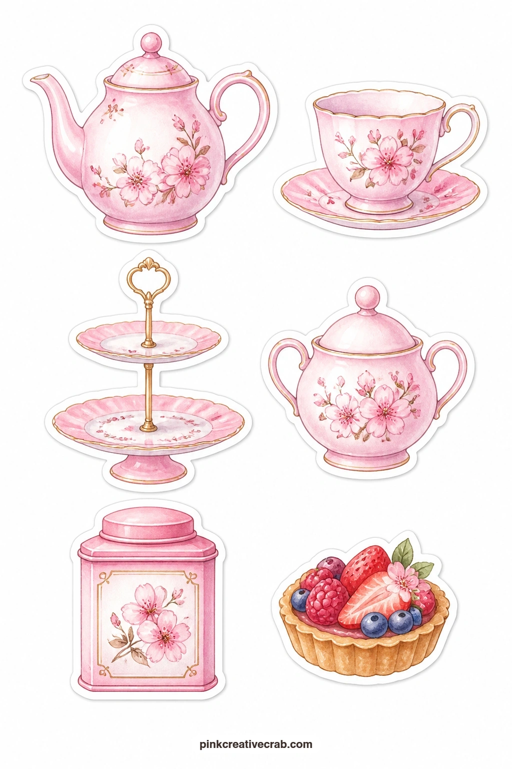 Pink Tea Party Stickers printable page — A teapot, teacup, cake stand, sugar bowl, tea tin and small tart make up this six-piece tea party sheet, built for