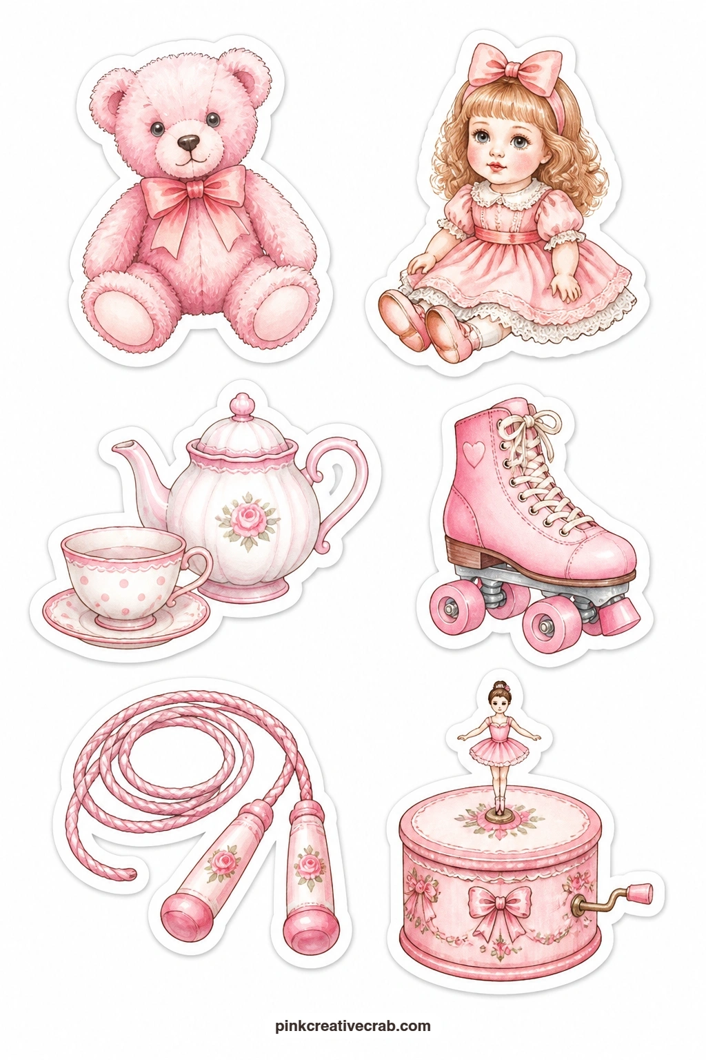 Pink Vintage Toys Stickers printable page — A teddy bear, a doll, a toy tea set, a roller skate, a jump rope and a music box bring six nostalgic toys onto one