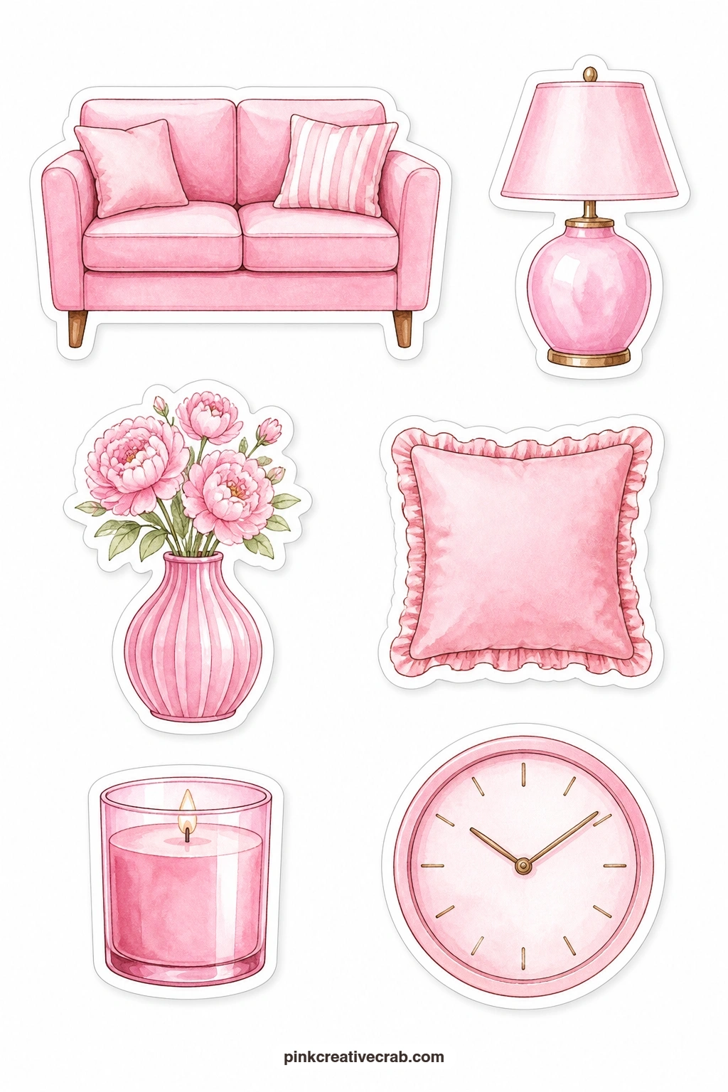 Pink Home Stickers printable page — A sofa, lamp, vase, pillow, candle and clock give this sheet six cosy living-room objects in soft pink, ideal for a home