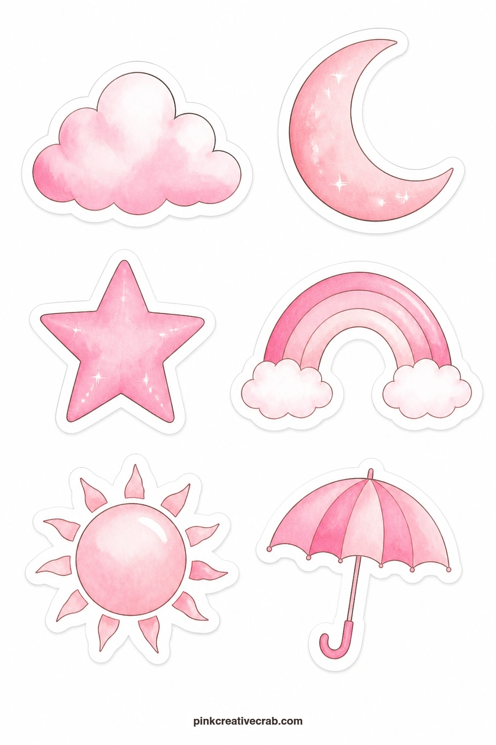 Pink Sky Things Stickers printable page — A pink cloud, moon, star, rainbow, sun and umbrella finish this sheet with six soft sky motifs, light enough for the