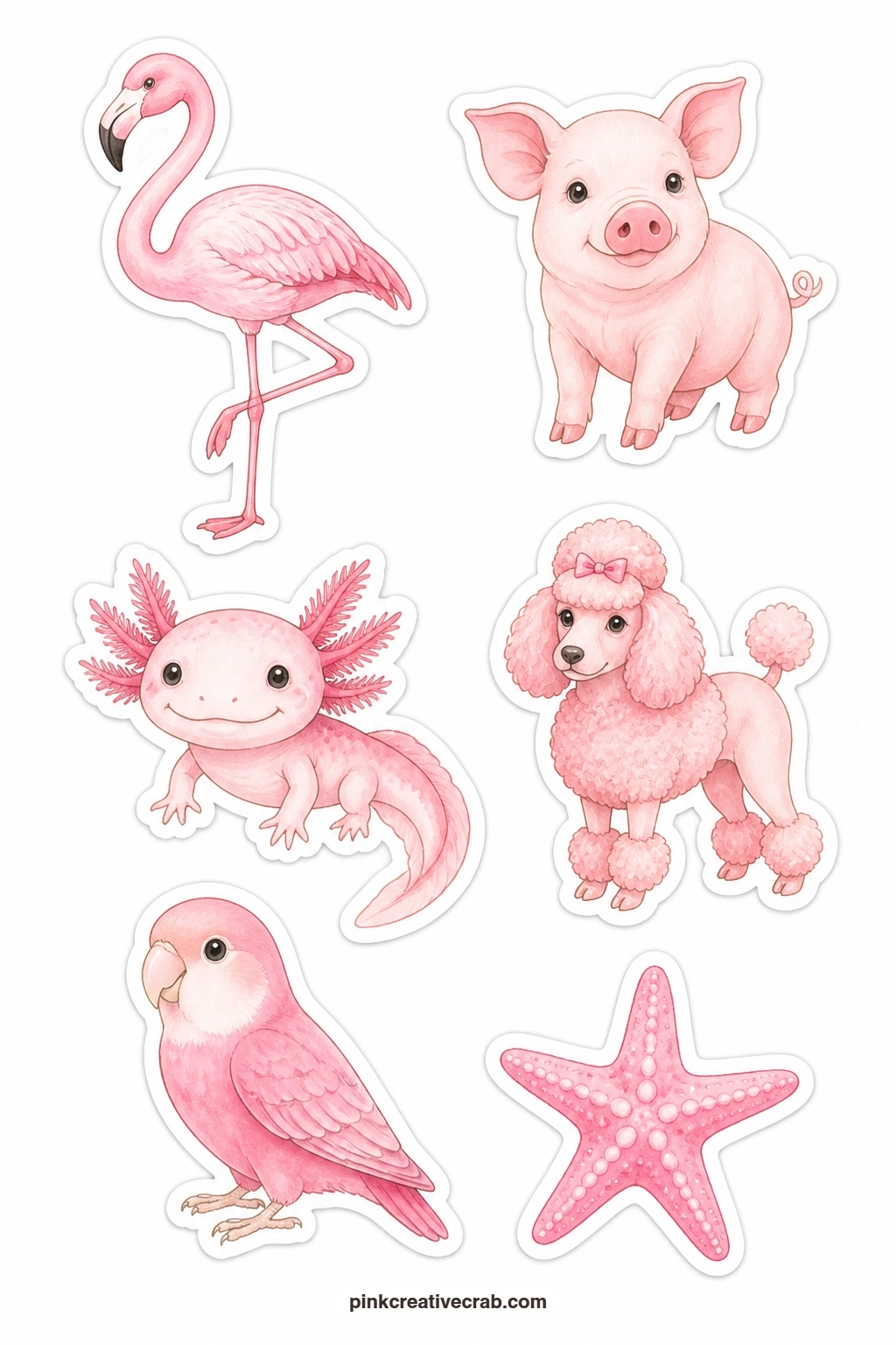 Pink Animals Stickers printable page — A flamingo, pink pig, pink axolotl, pink poodle, pink lovebird and small pink starfish bring six naturally pink