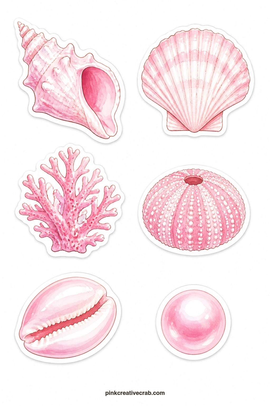 Pink Seashells Stickers printable page — A conch shell, scallop shell, piece of pink coral, sea urchin shell, cowrie shell and a single pink pearl round out