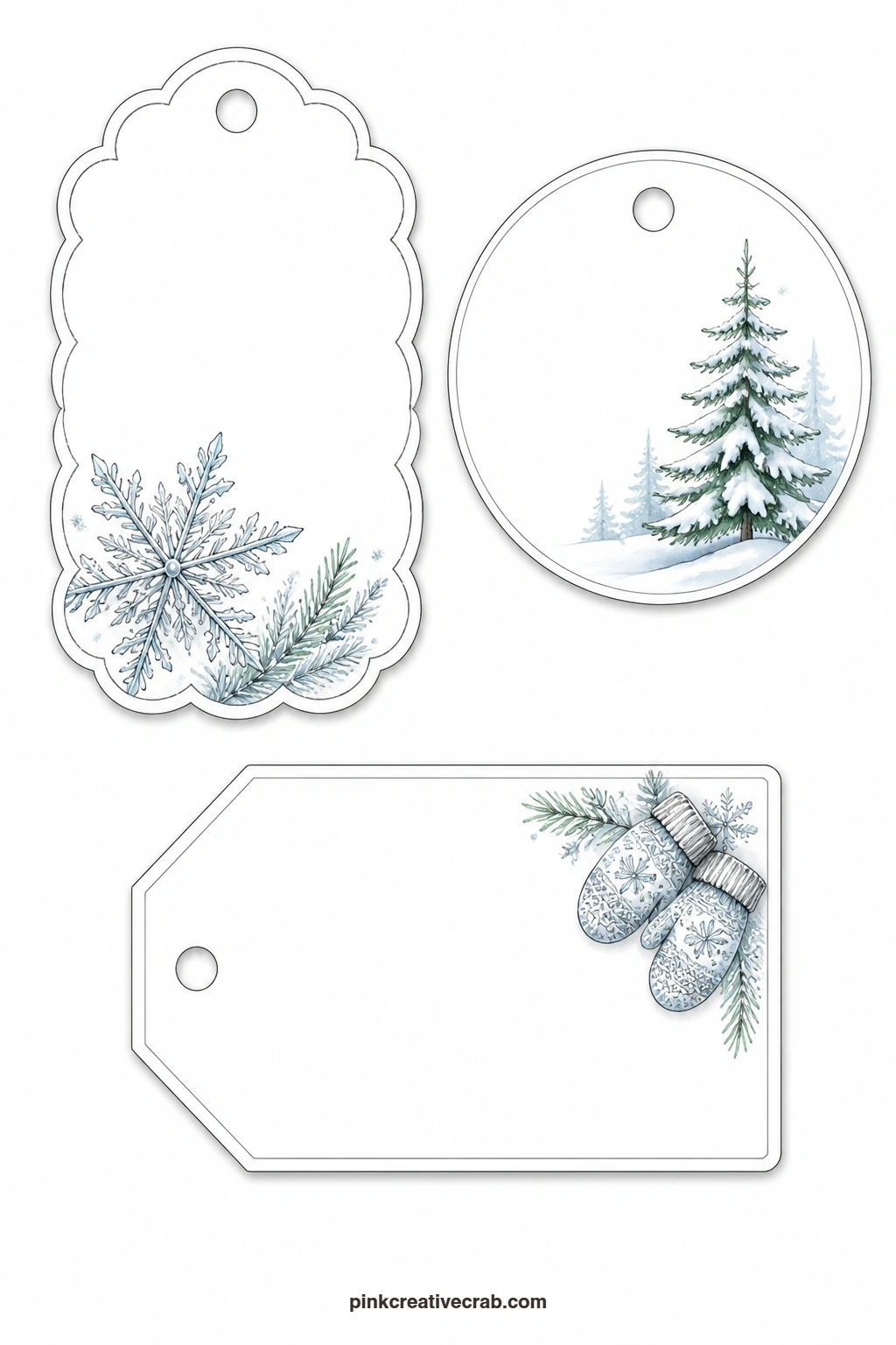 Frosty Snowflakes and Pines printable page — Start the set with a scalloped tag holding a frosty snowflake, a round tag with a snowy pine standing alone in the