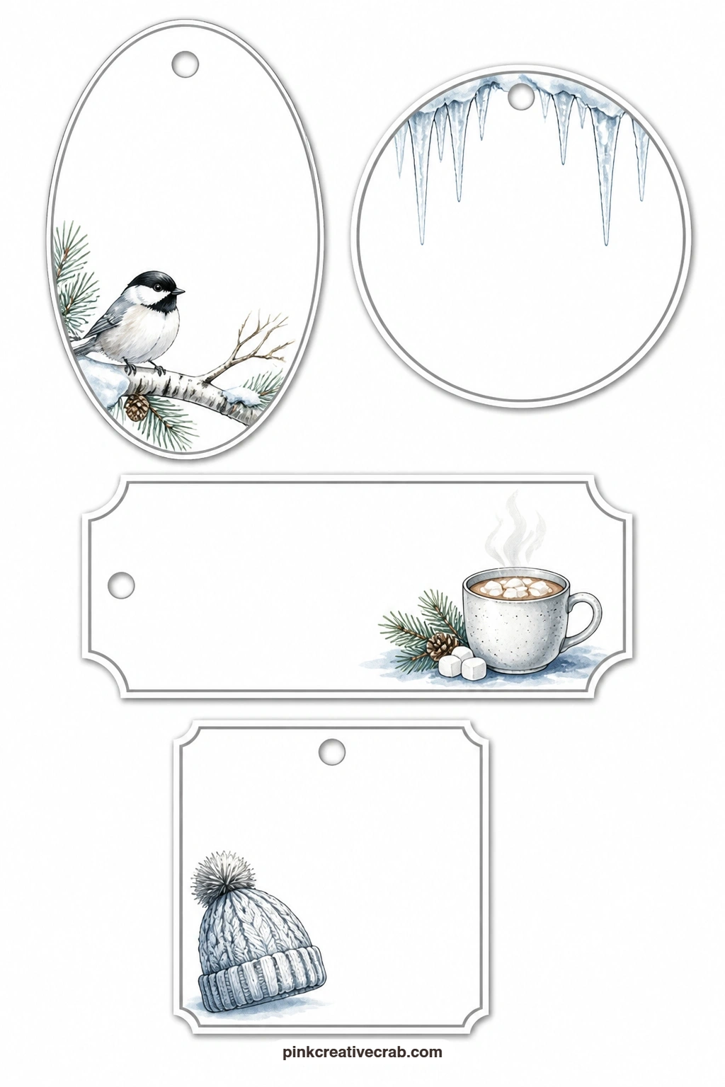 Birch Birds and Icicles printable page — Fill this sheet with an oval tag showing a chickadee perched on a birch twig, a round tag strung with hanging icicles