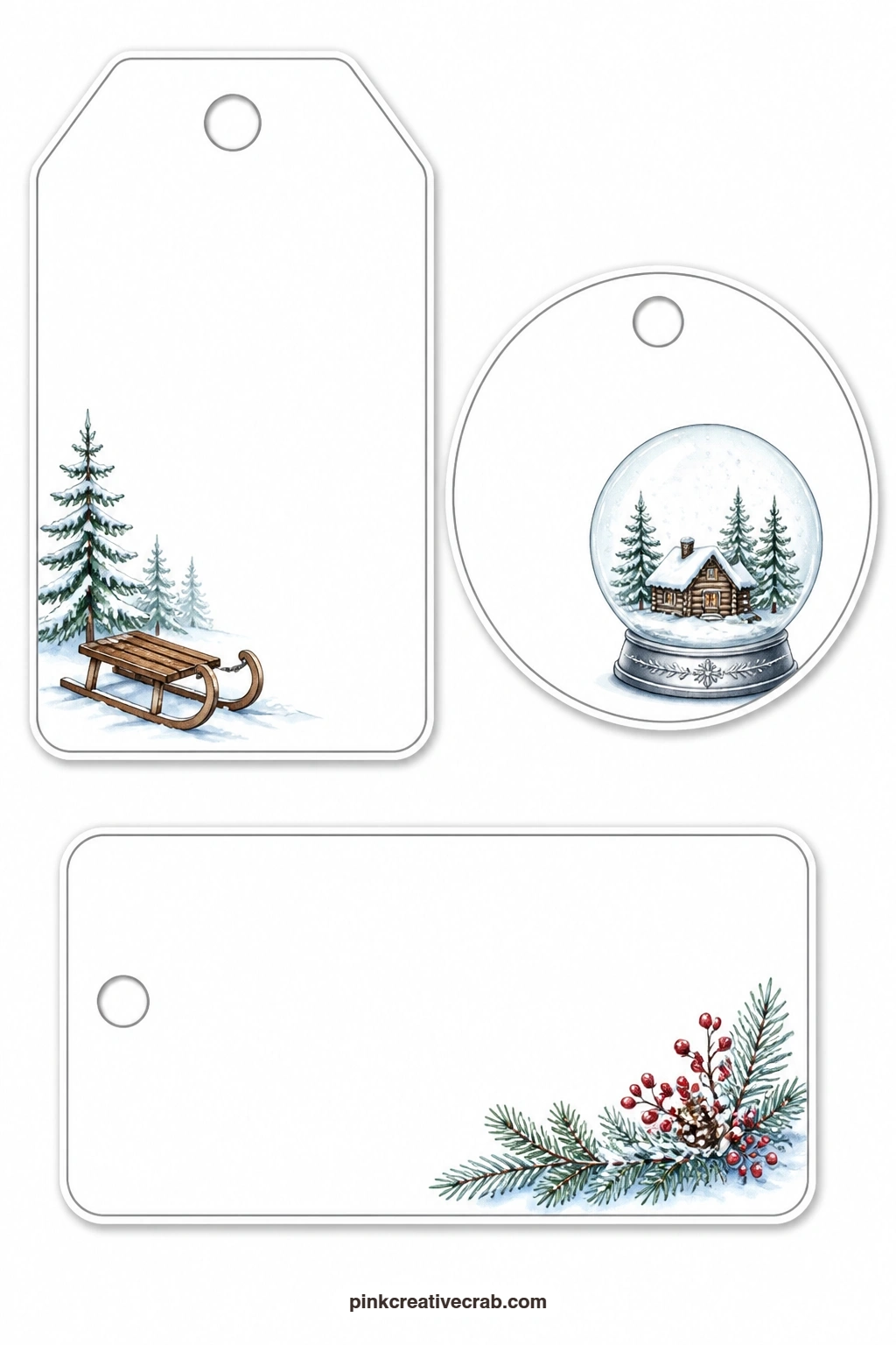 Cabins in the Snow printable page — Three cosy cabin tags fill this sheet: a luggage tag with a wooden sled resting in the snow, a round tag with a snow globe