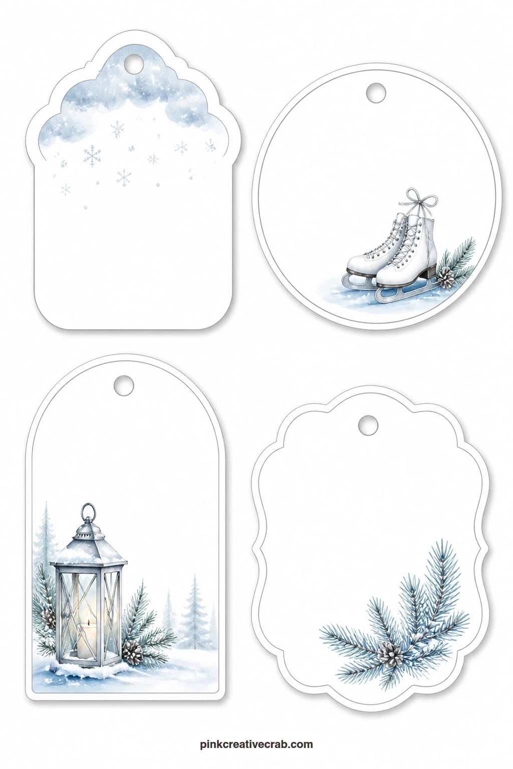 Lanterns on Frozen Ponds printable page — Here a cloud-shaped tag catches falling snow, a round tag holds a pair of ice skates tied together, an arched tag