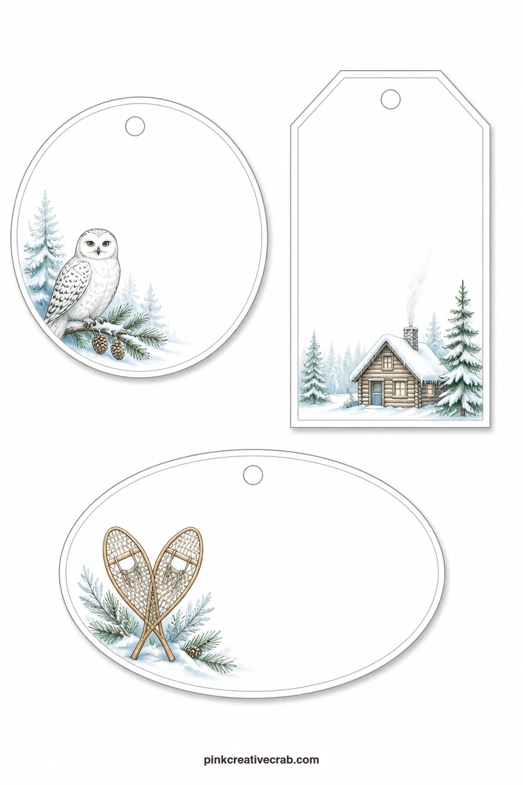 Owls and Snowshoes printable page — A round tag carries a snowy owl with feathers fluffed against the cold, a luggage tag shows a log cabin with a thread of