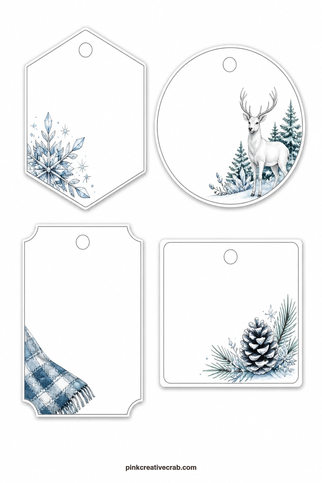 Crystal Snowflakes and White Deer printable page — This sheet leans into the quiet side of winter: a hexagon tag with a crystal snowflake drawn in fine detail