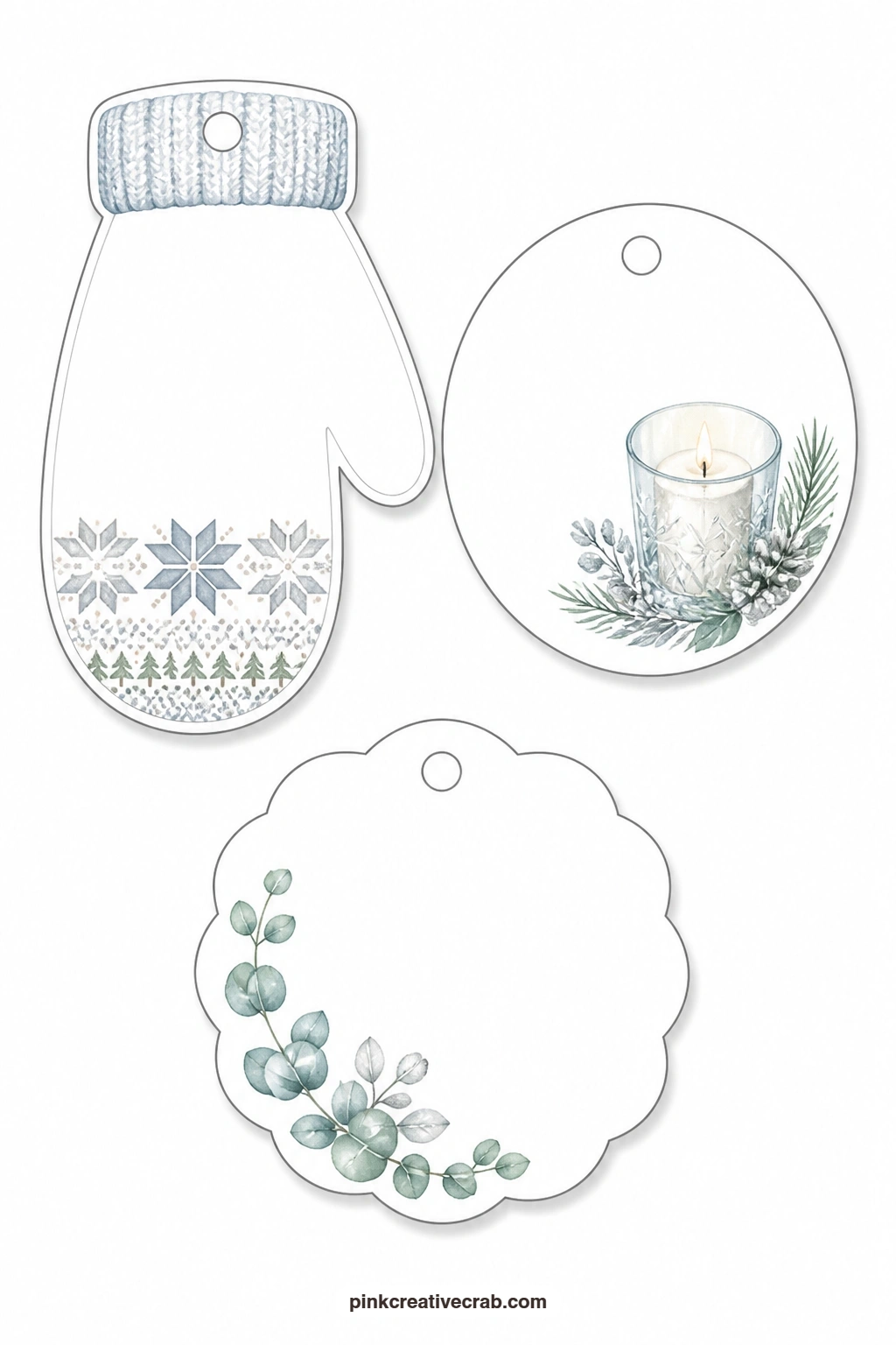 Nordic Mittens and Candlelight printable page — A mitten-shaped tag carries a Nordic knit pattern across its front, a round tag holds a candle burning inside a