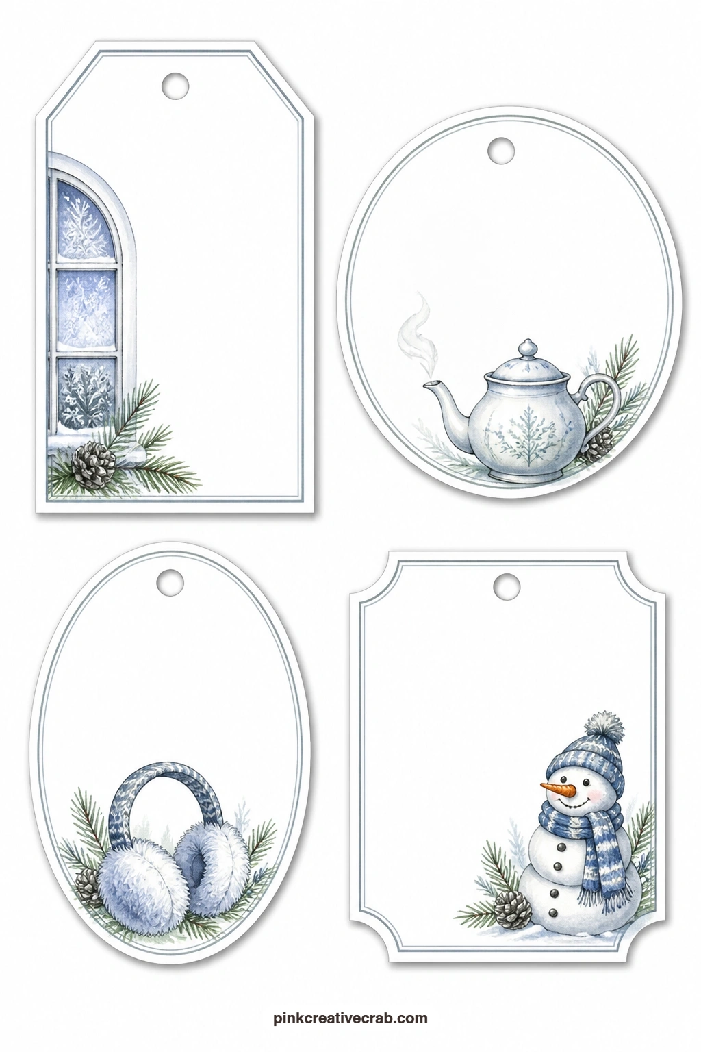 Frosted Windows and Teapots printable page — Four tags share this sheet: a luggage tag with a frosted window pane, a round tag with a teapot letting off a curl