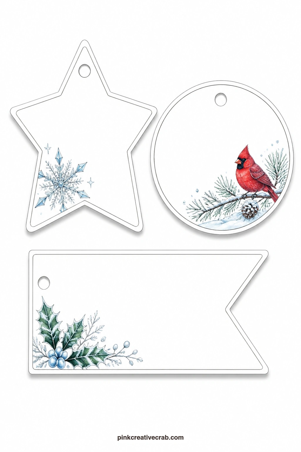 Winter Stars and Cardinals printable page — A star-shaped tag holds a single ice crystal at its centre, a round tag shows a cardinal perched on fresh snow, and