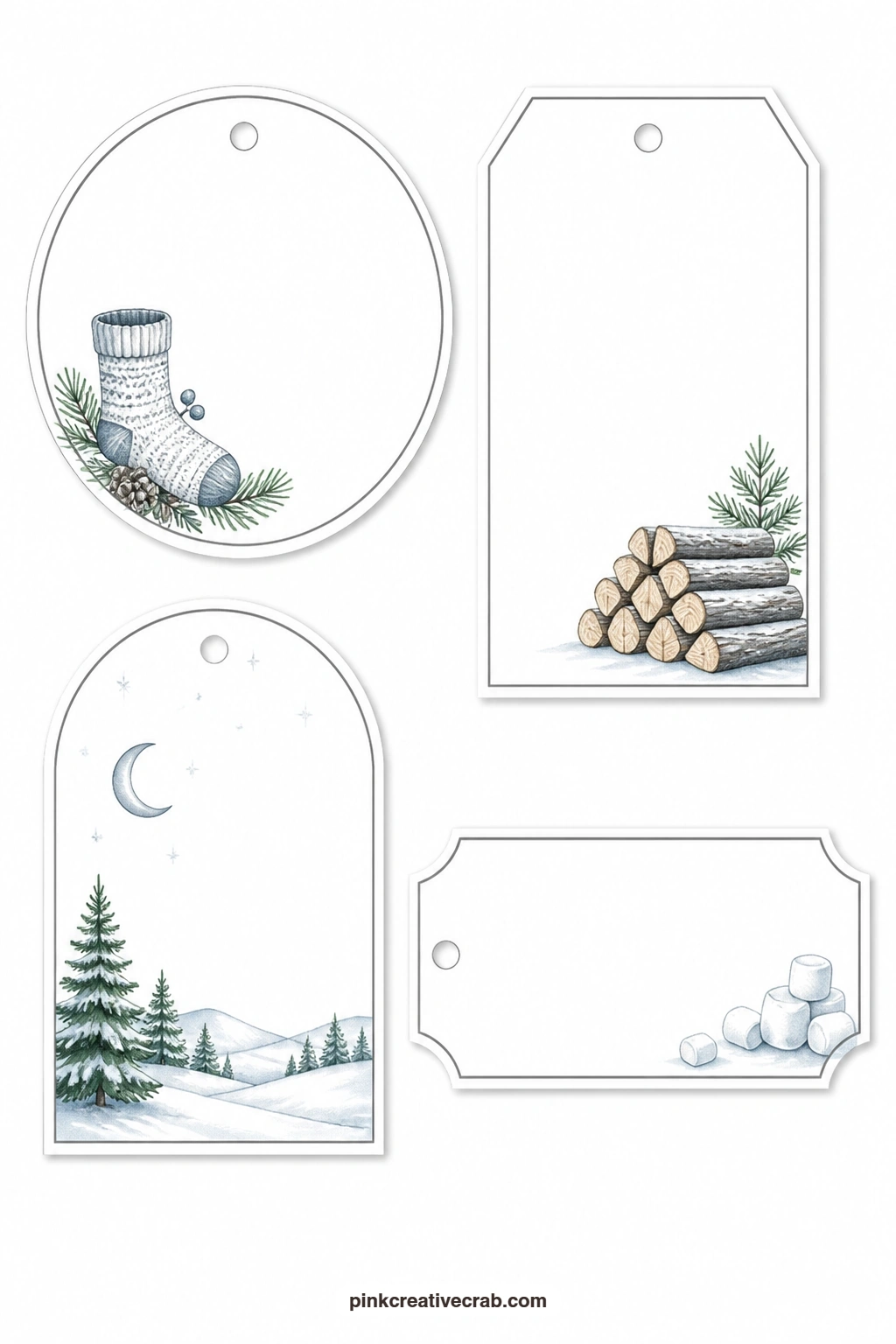 Firewood and Marshmallows printable page — This sheet is the cosiest of the set: a round tag with a woolly sock hung as if by a fireplace, a luggage tag with a
