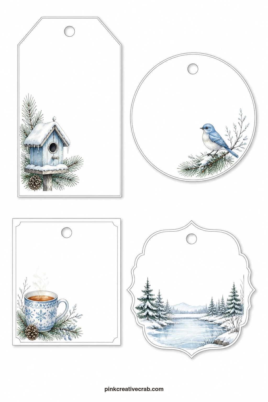 Birdhouses and Frozen Ponds printable page — A luggage tag here shows a snowy birdhouse with a light dusting on its roof, a round tag holds a small bluebird, a