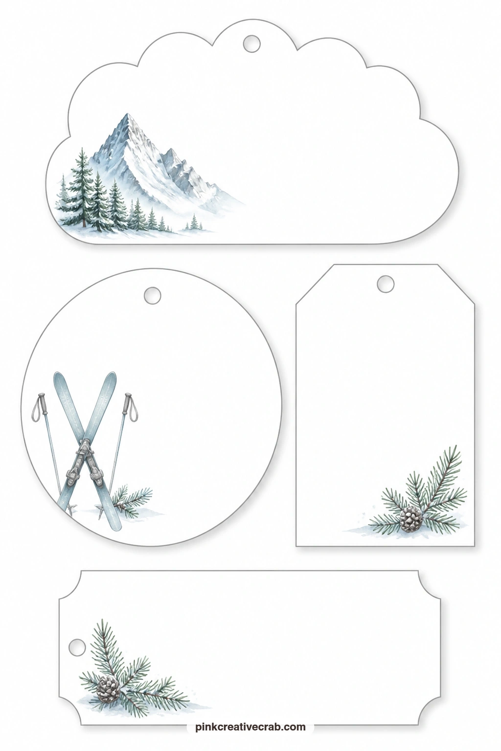 Mountains and Fir Sprigs printable page — A cloud-shaped tag holds a snowy mountain peak, a round tag shows a pair of crossed skis with poles, and a