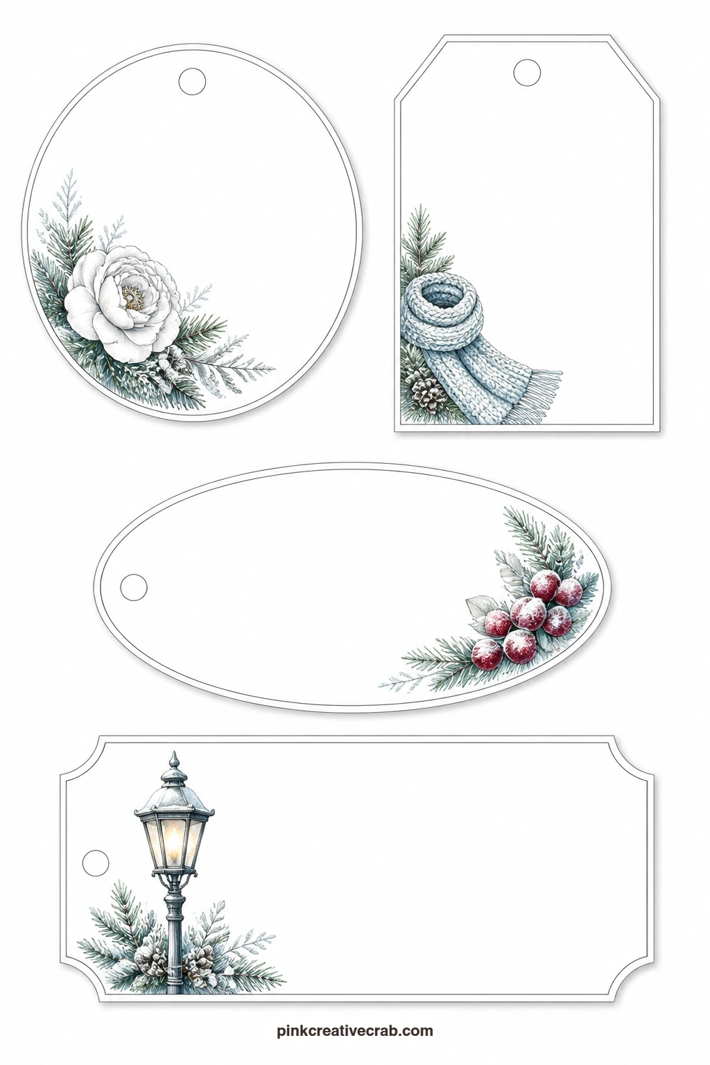Winter Roses and Lamplight printable page — Four tags fill this sheet: a round tag with a single white winter rose, a luggage tag with a knitted scarf laid in