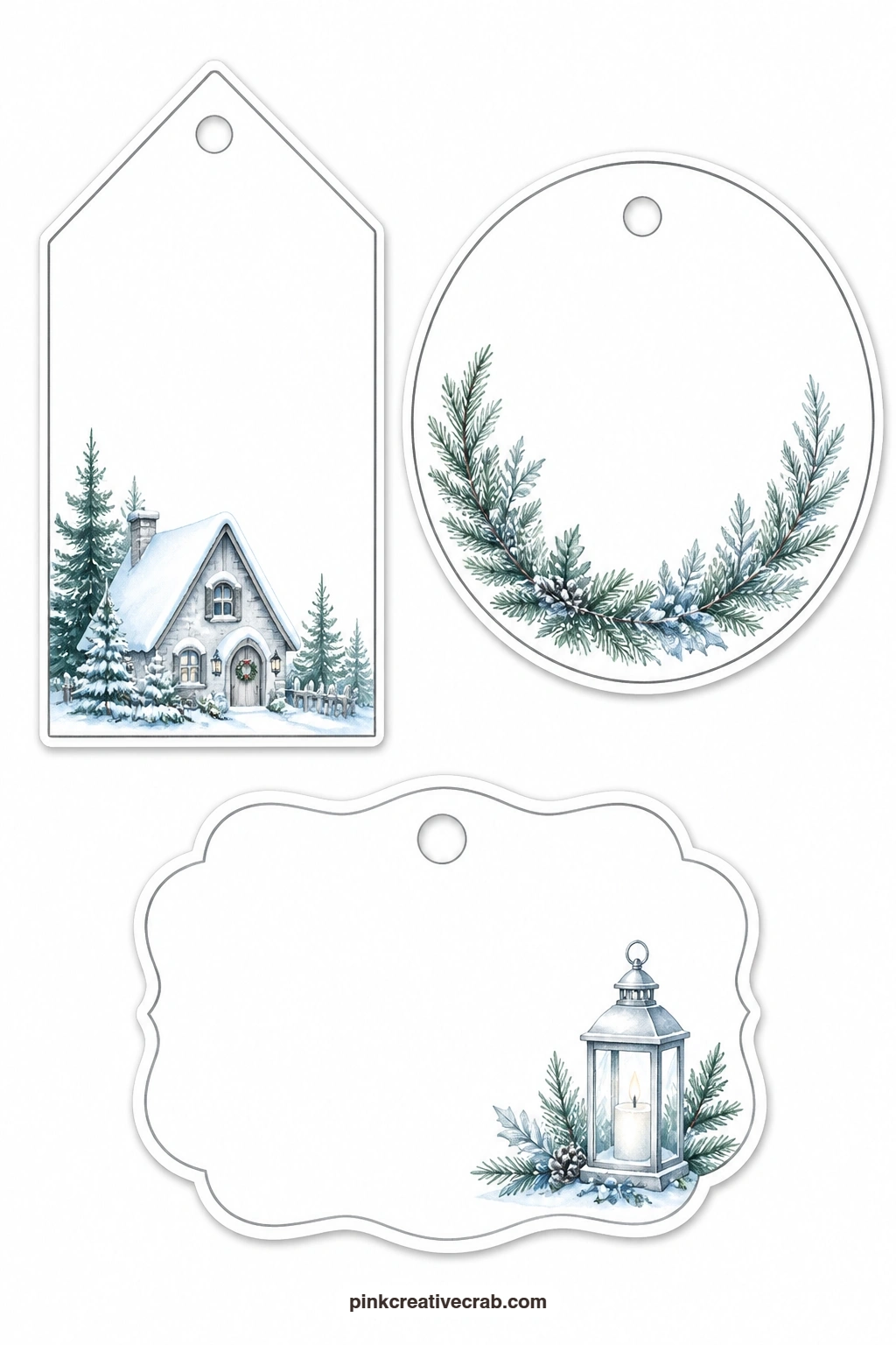 Cottages and Wreaths printable page — A house-shaped tag shows a snowy cottage with a trimmed roofline, a round tag carries a full evergreen wreath, and a