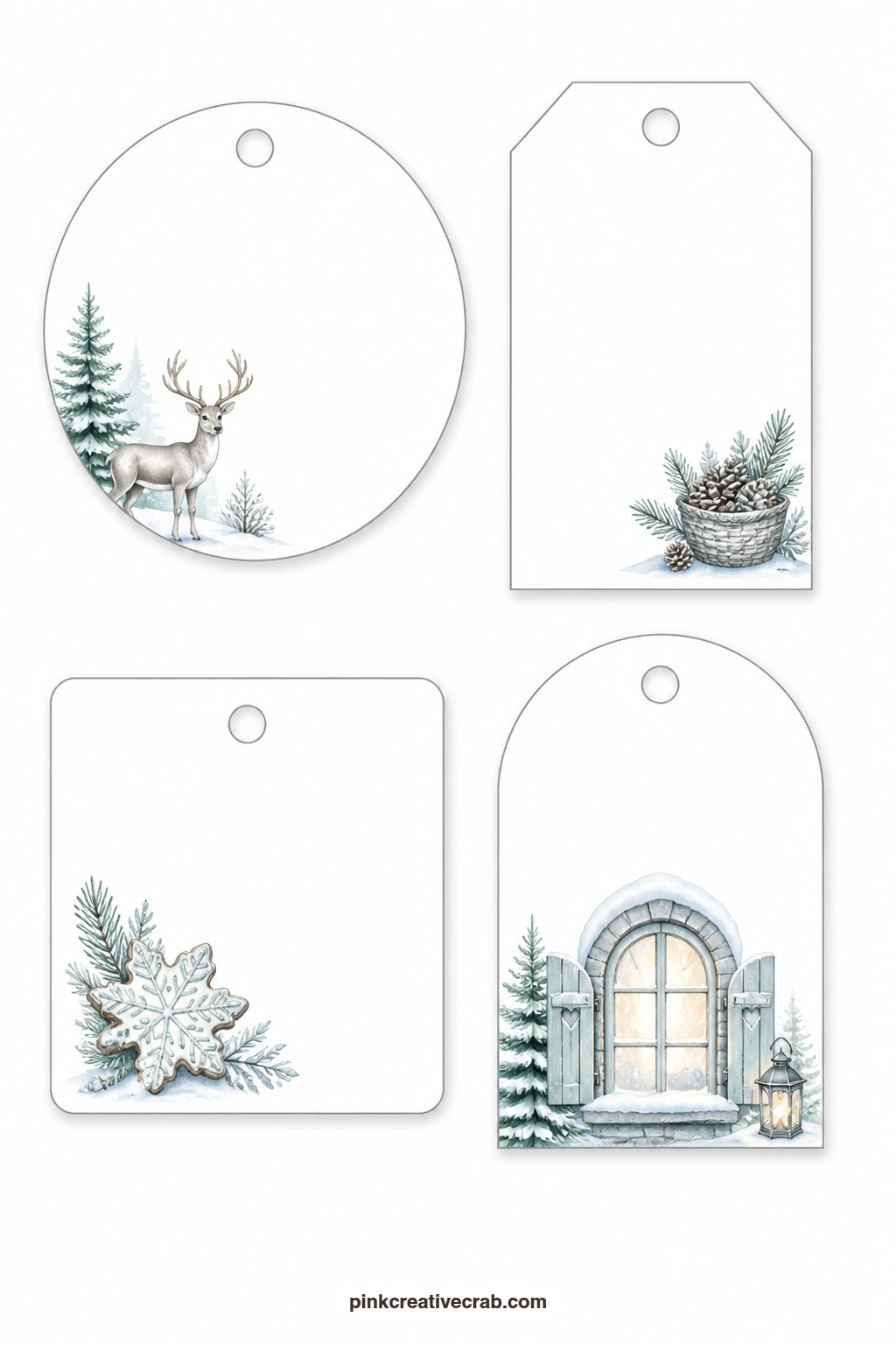 Reindeer and Glowing Windows printable page — This sheet pairs a round tag with a gentle reindeer, a luggage tag with a small basket of pinecones, a square tag