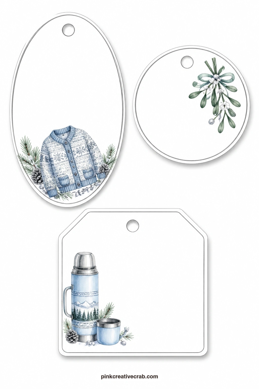Cardigans and Mistletoe printable page — An oval tag holds a cosy knitted cardigan, a round tag carries a small sprig of mistletoe, and a luggage tag shows a