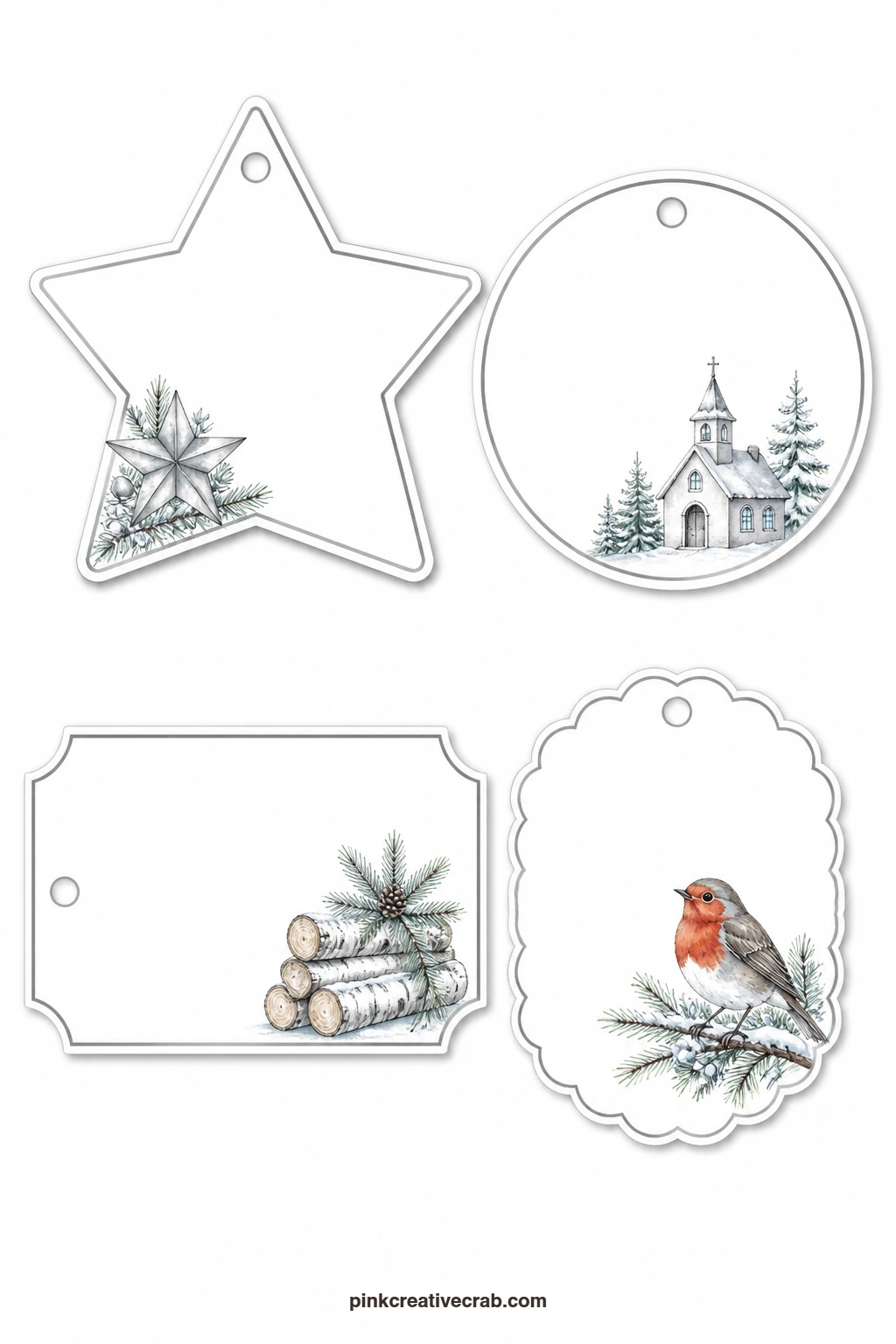 Silver Stars and Robins printable page — A star-shaped tag here carries a single silver star, a round tag shows a small snowy chapel on a hill, a ticket label