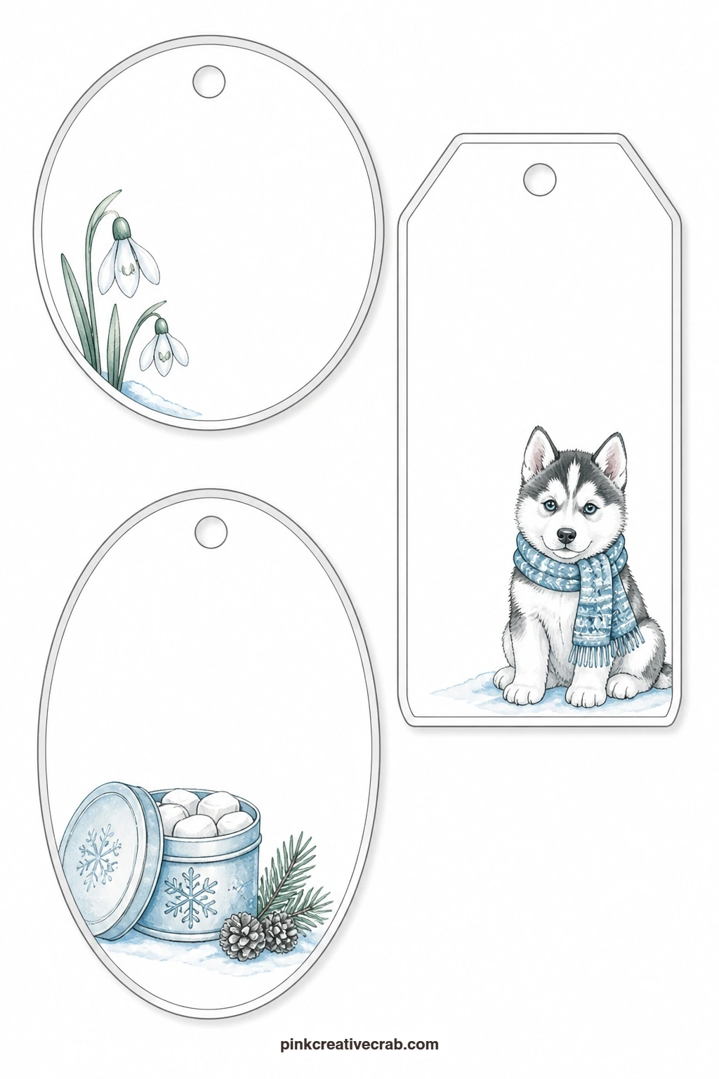 Snowdrops and Huskies printable page — A round tag shows a pair of early snowdrops pushing through frost, a luggage tag carries a husky pup wrapped in a small