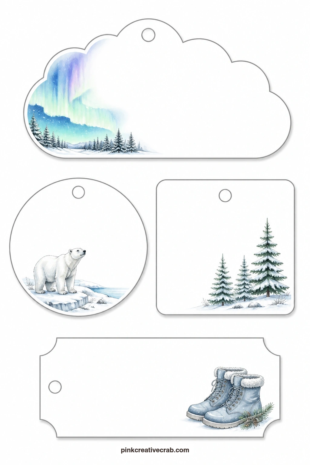 Northern Lights and Winter Boots printable page — A cloud-shaped tag holds a ribbon of northern lights overhead, a round tag shows a polar bear standing