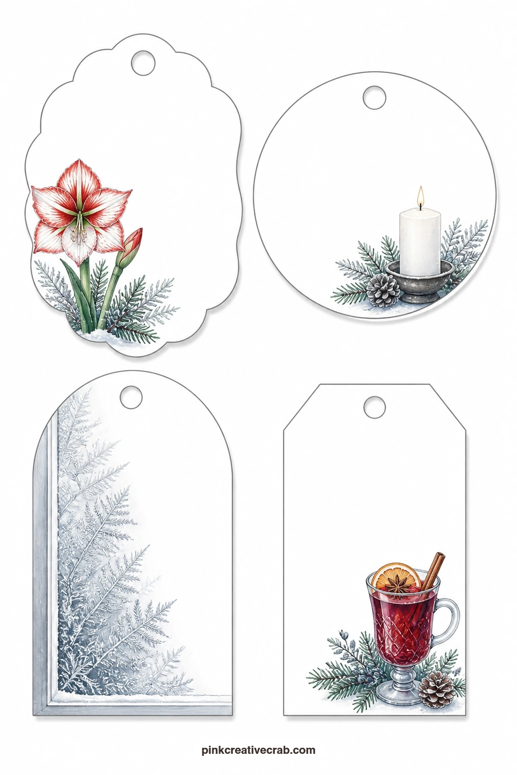 Amaryllis and Mulled Wine printable page — A scalloped tag closes the set with a tall amaryllis bloom, a round tag holds a single white candle, an arched tag