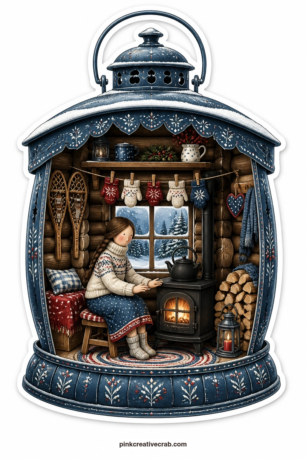 The Lantern Cabin printable page — Warming her hands by a little cast iron stove, a young woman stands inside a lantern-shaped cabin hung with snowshoes on the