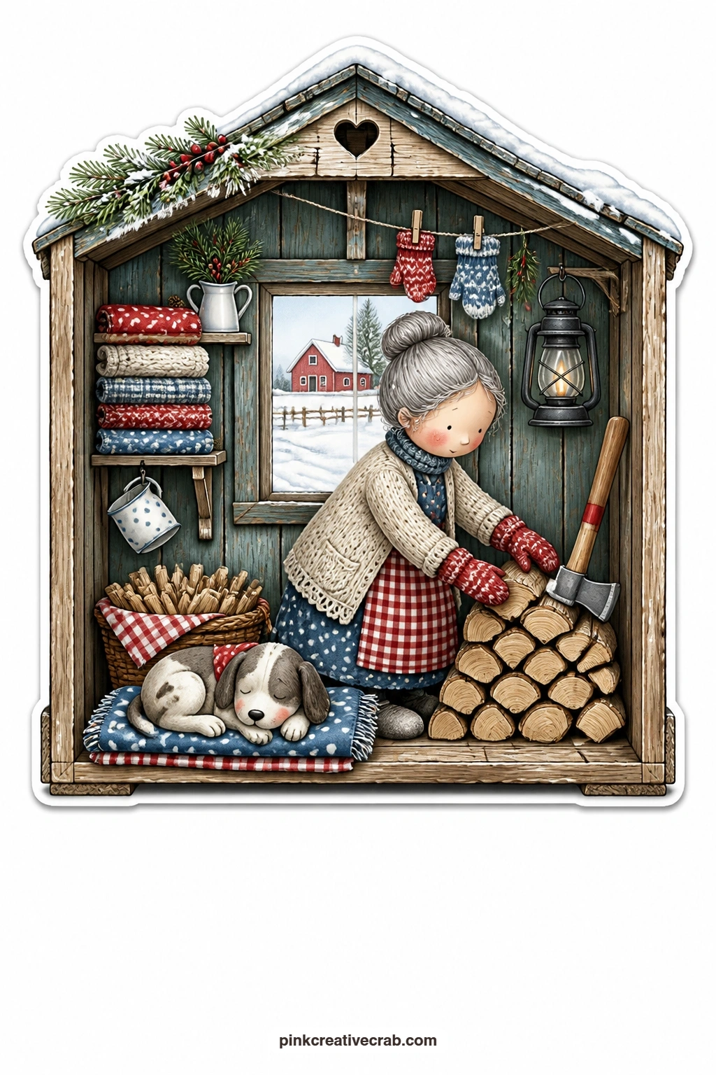 The Firewood Crate Cabin printable page — Stacking split logs beside her dog, an elderly woman tends her woodpile inside a crate-shaped cabin, a snowy barn