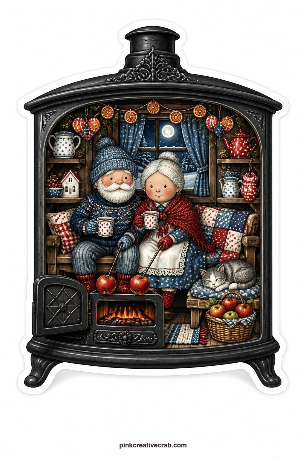 The Cast Iron Stove Room printable page — Roasting apples and sipping cider together, an elderly couple share a cast iron stove room glowing warm against a