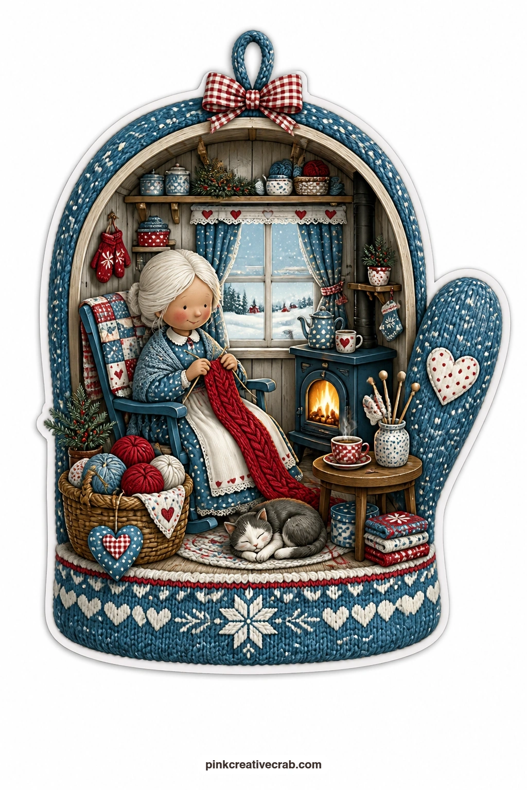 The Mitten Room printable page — Knitting by the fire with a sleeping cat curled at her feet, an elderly woman settles into a mitten-shaped room while snowfall
