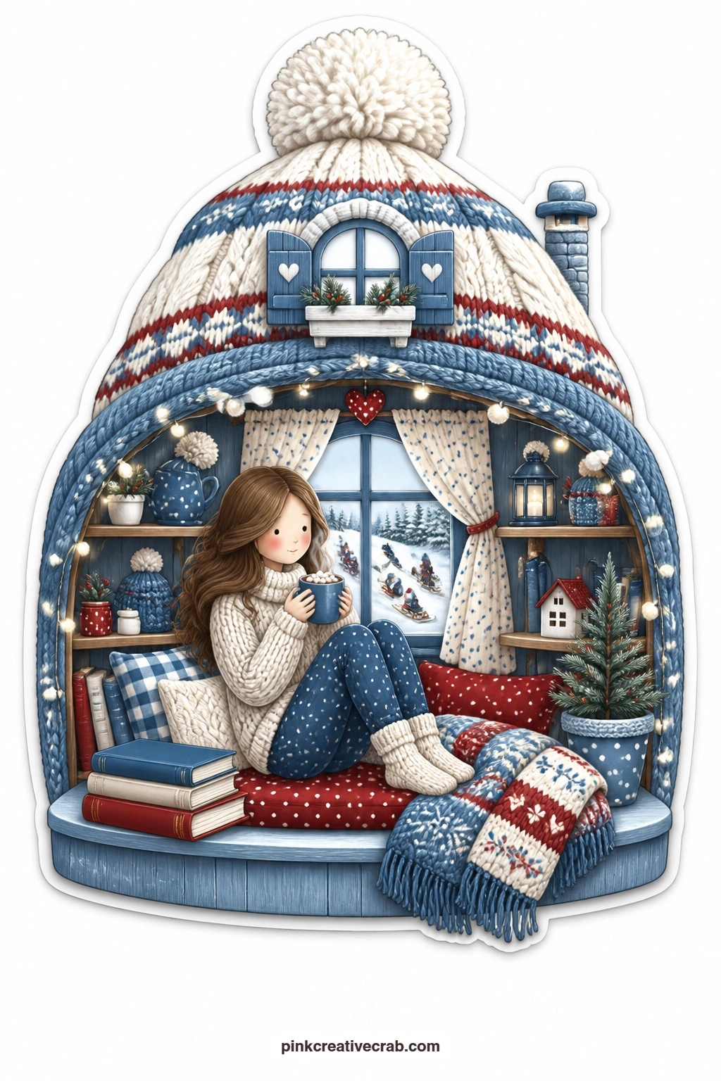 The Woolly Hat Cottage printable page — Sipping cocoa on a window seat tucked inside a woolly hat cottage, a young woman watches sledders race down a snowy