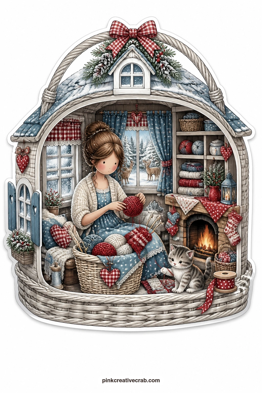 The Knitting Basket Cottage printable page — Winding a skein of red yarn by a frosty window inside a knitting basket shaped like a tiny cottage, a young woman