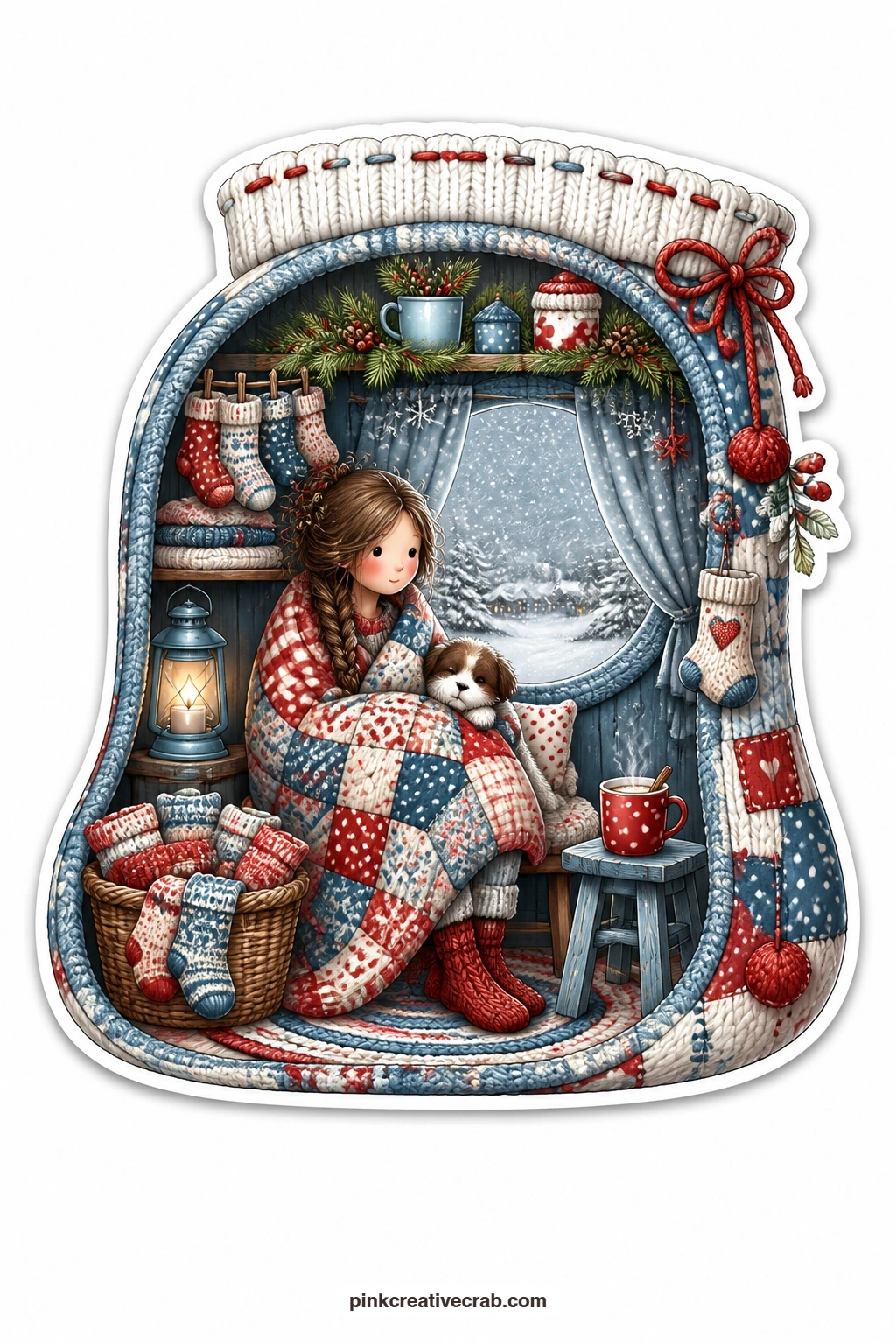 The Woolly Sock Room printable page — Wrapped up in a blanket with a puppy curled against her side, a young woman shelters inside a woolly sock shaped room