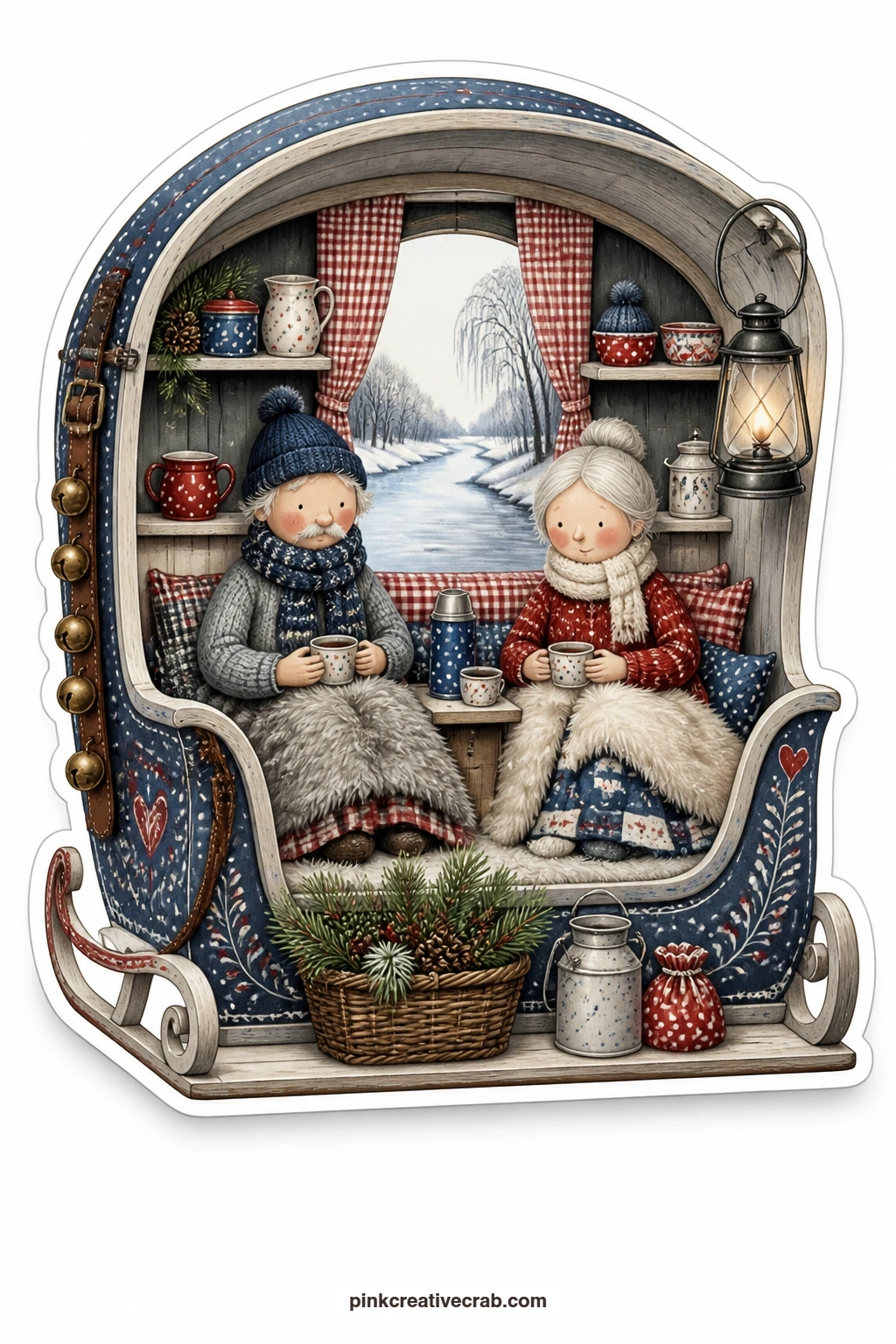 The Sleigh Room printable page — Tucking furs around their knees inside a small sleigh, an elderly couple settle close together as a frozen river winds quietly