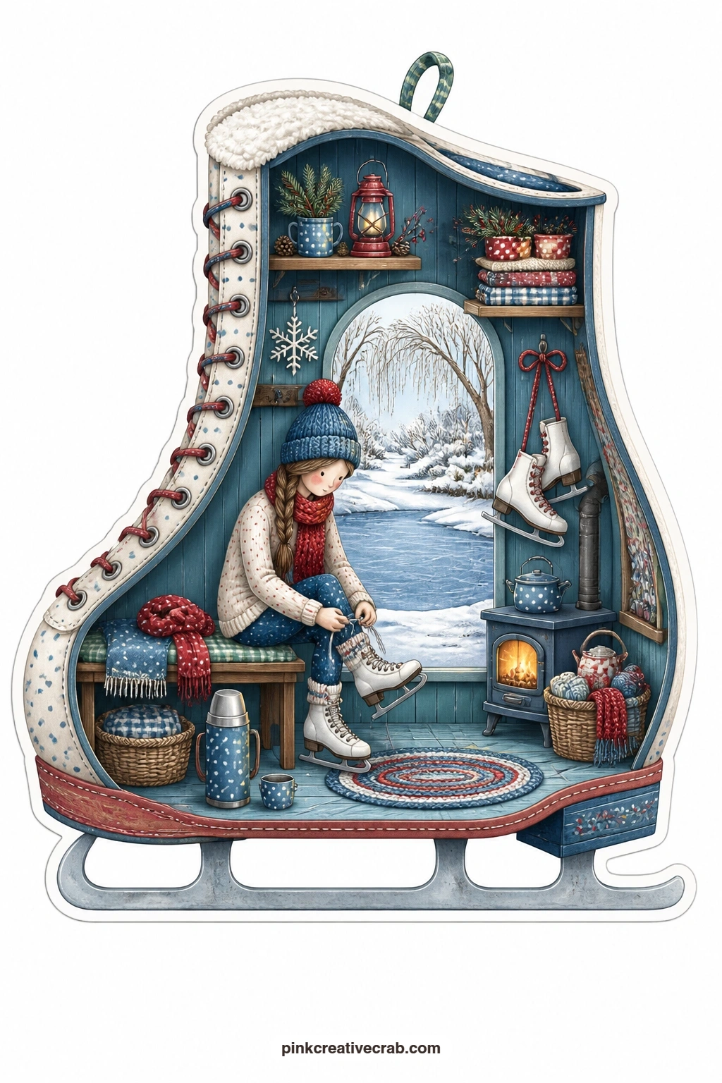 The Skate Boot Room printable page — Lacing her skates on a wooden bench inside a tall skate boot shaped room, a young woman readies herself for the ice, a