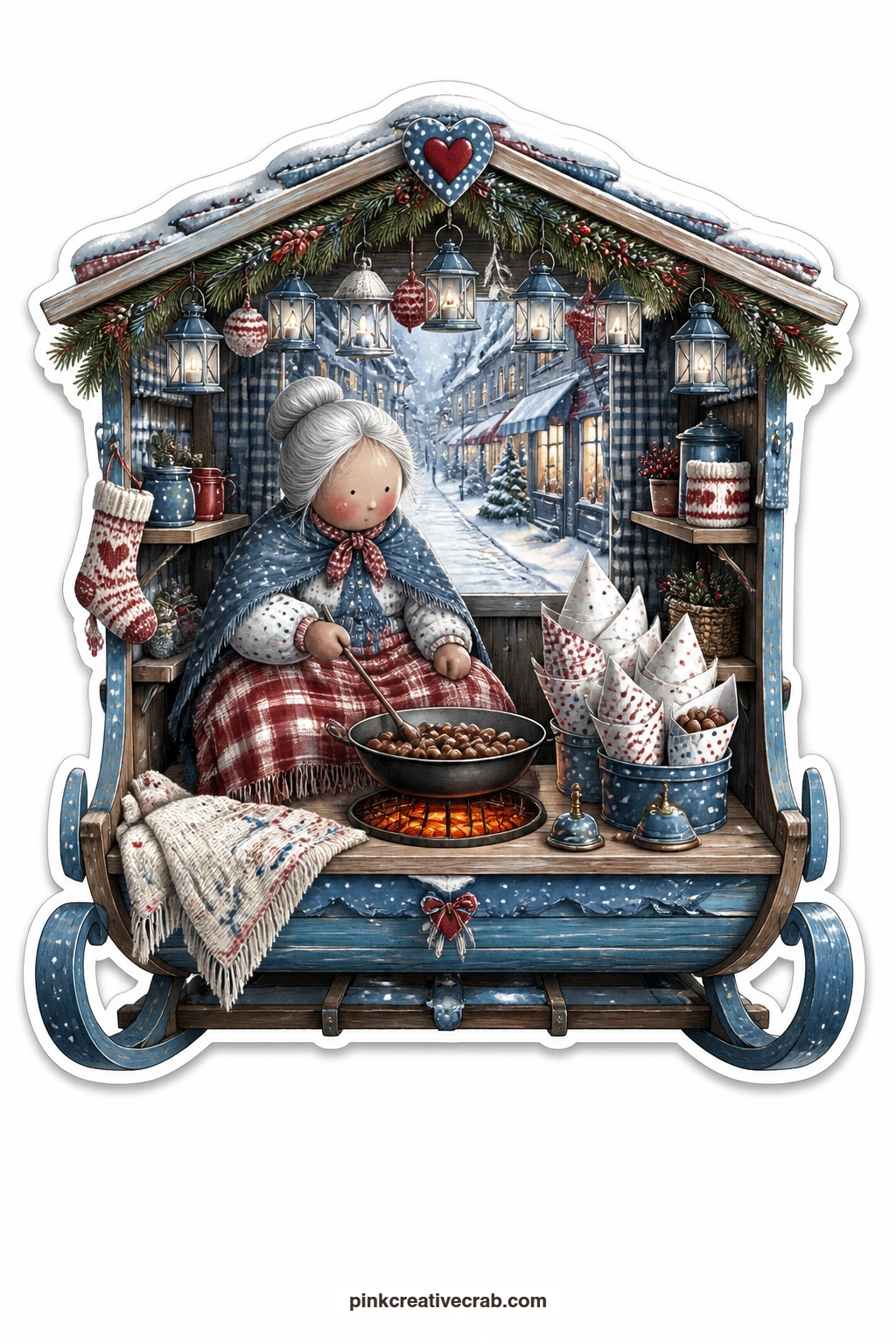 The Sled-Shaped Stall printable page — Roasting chestnuts over a small brazier inside a sled shaped market stall, an elderly woman tends the fire while a quiet