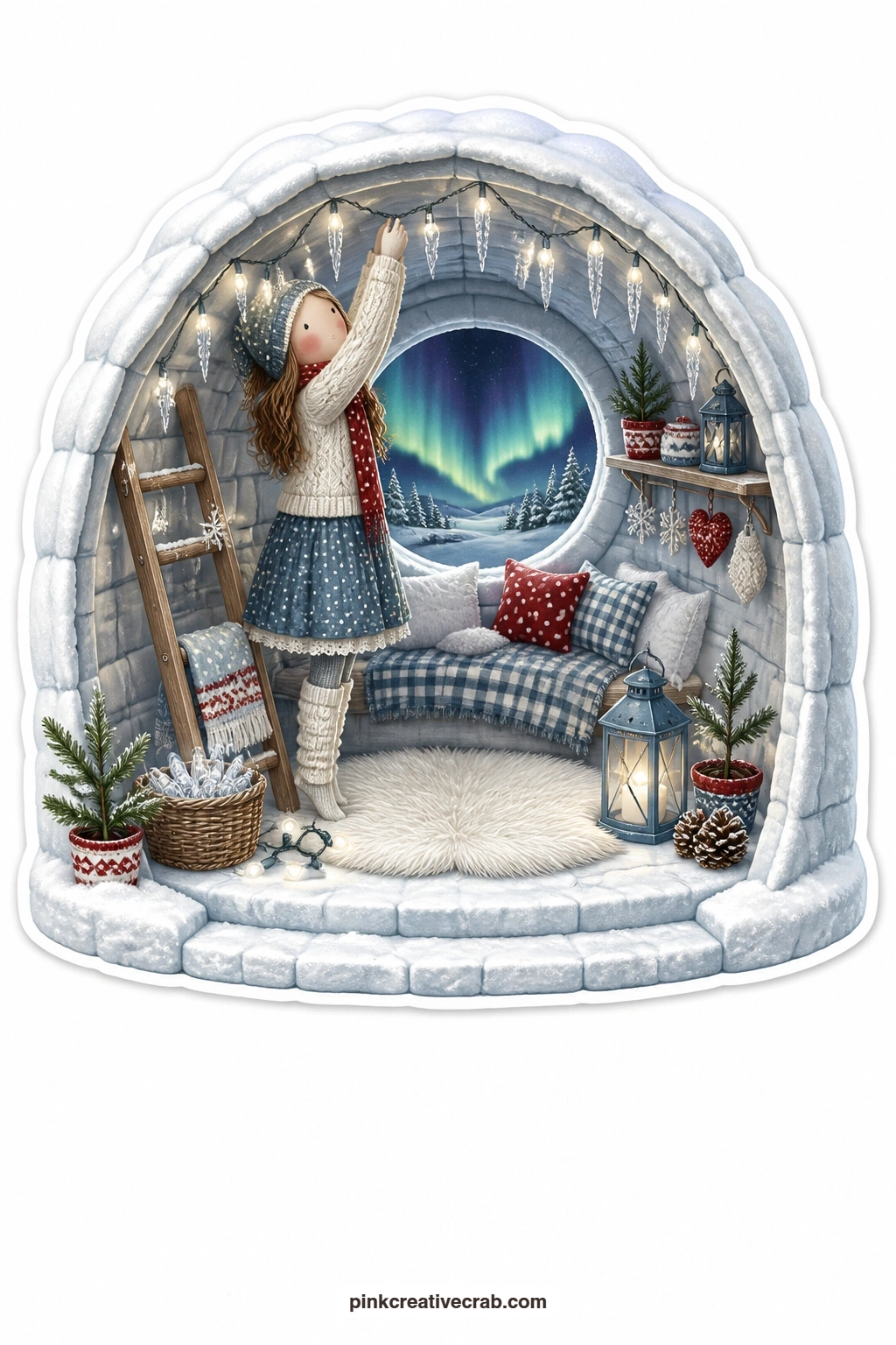 The Snow House printable page — Hanging strings of icicle lights across her little snow house, a young woman works by hand while the northern lights ripple