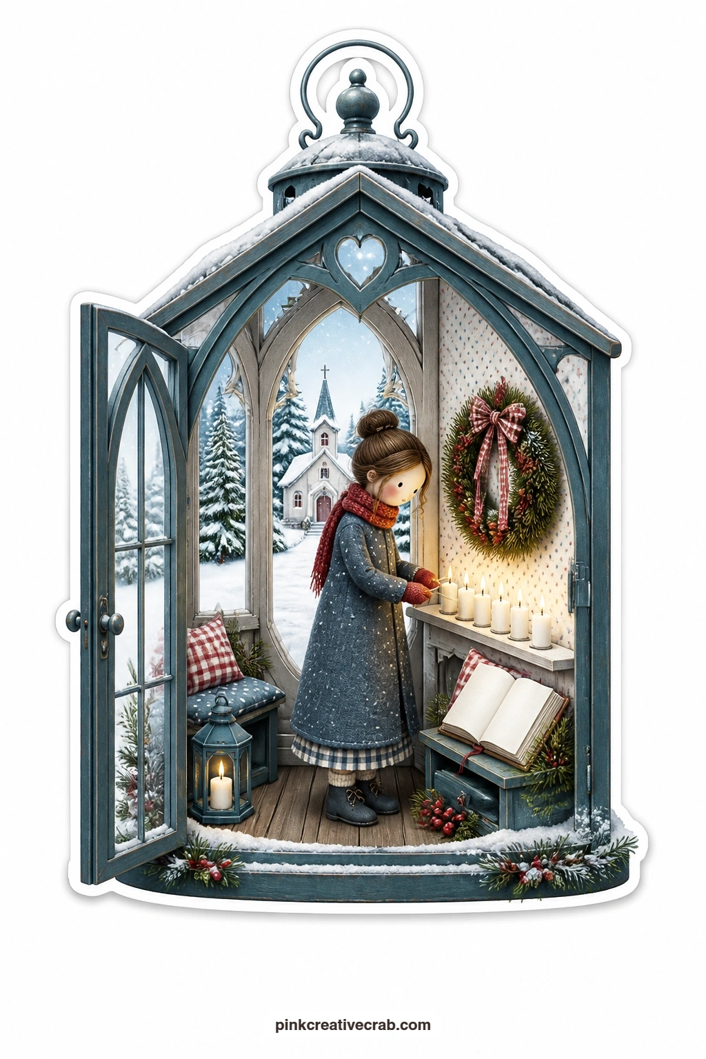 The Candle Lantern Chapel printable page — Lighting candles at dusk inside a small lantern shaped chapel, a young woman moves quietly from one to the next, a