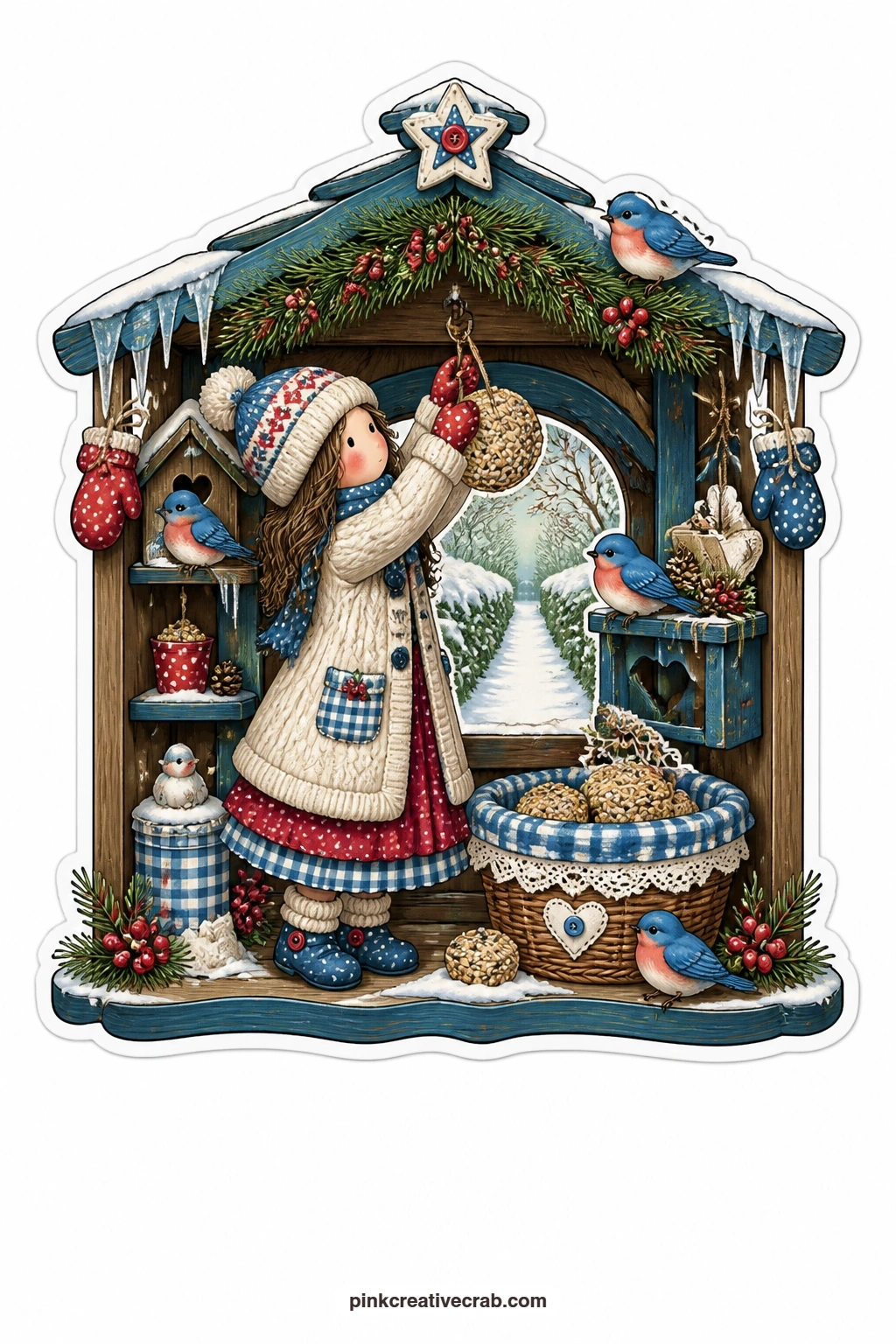The Bird Feeder Stage printable page — Hanging seed cakes for the bluebirds inside a small bird feeder shaped stage, a young woman reaches up carefully while