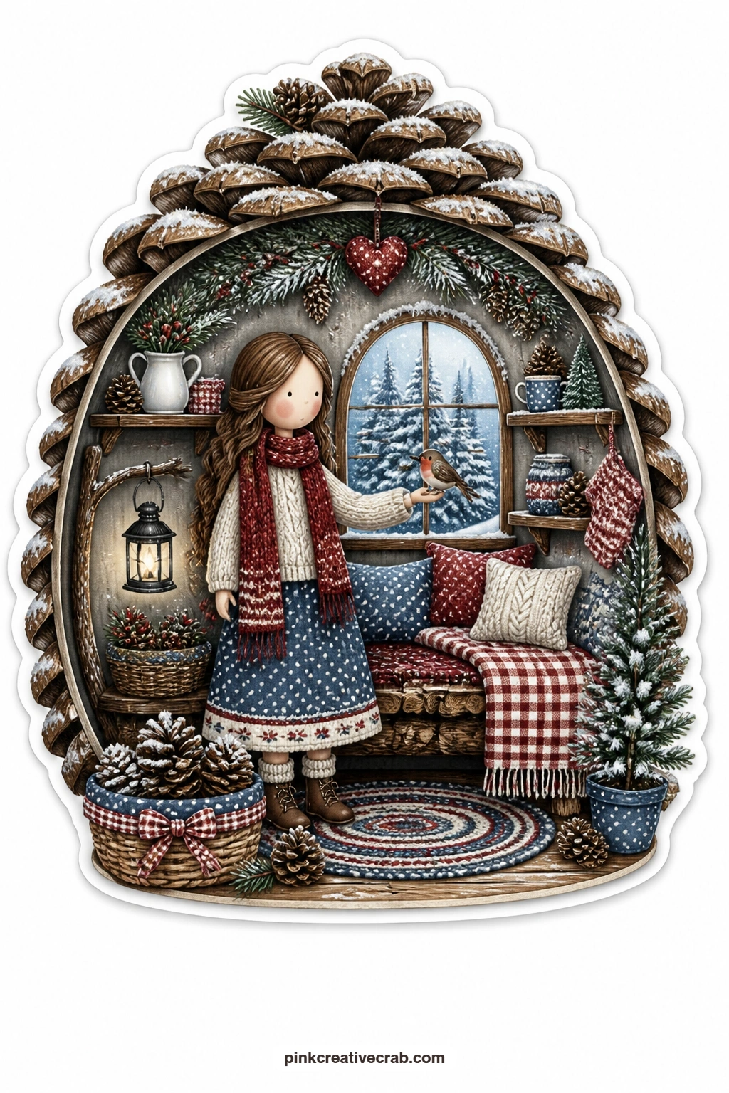 The Pine Cone Lodge printable page — Feeding a robin from her open hand inside a pine cone shaped lodge, a young woman stands still and patient while snowy
