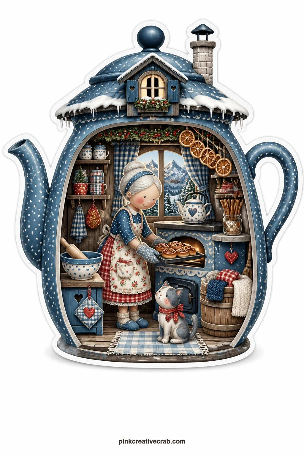 The Teakettle Chalet printable page — Baking cinnamon buns inside a teakettle shaped chalet, an elderly woman pulls a tray from the oven while mountain peaks