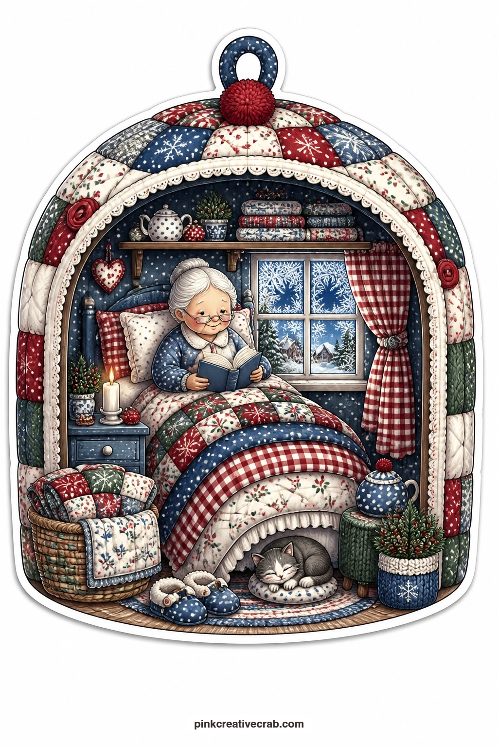 The Quilted Tea Cosy Bedroom printable page — Reading under three stacked quilts inside a tea cosy shaped bedroom, an elderly woman stays warm and still while