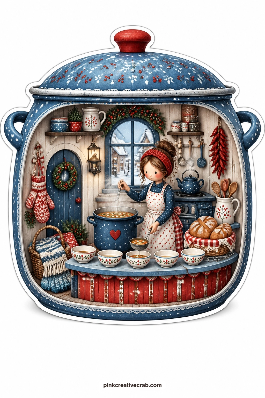 The Soup Pot Kitchen printable page — Ladling soup for the neighbours inside a round soup pot kitchen, a young woman fills bowls one by one while a snowy lane