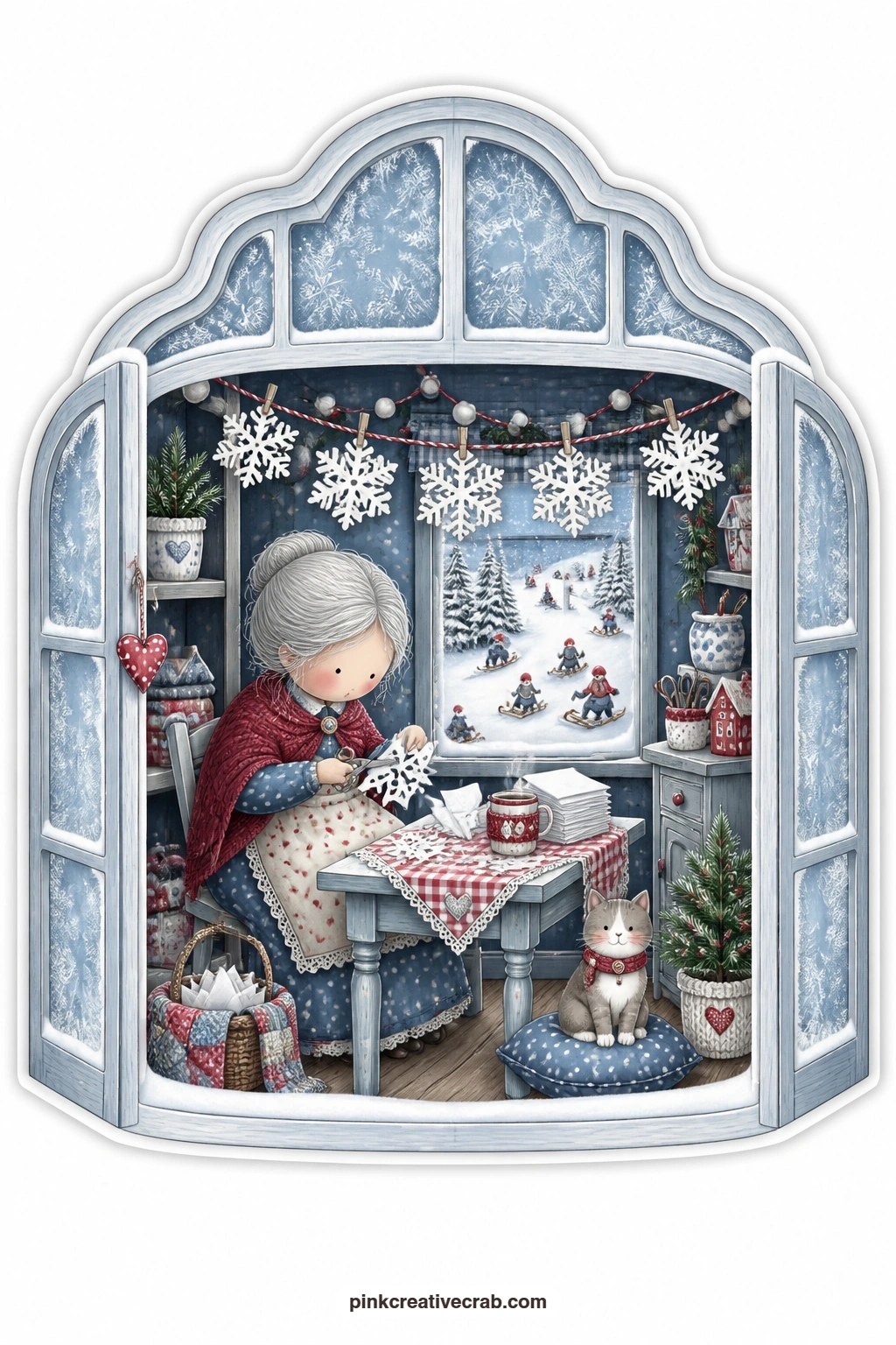 The Frosted Window Room printable page — Cutting paper snowflakes at a small table inside a frosted window shaped room, an elderly woman works with careful