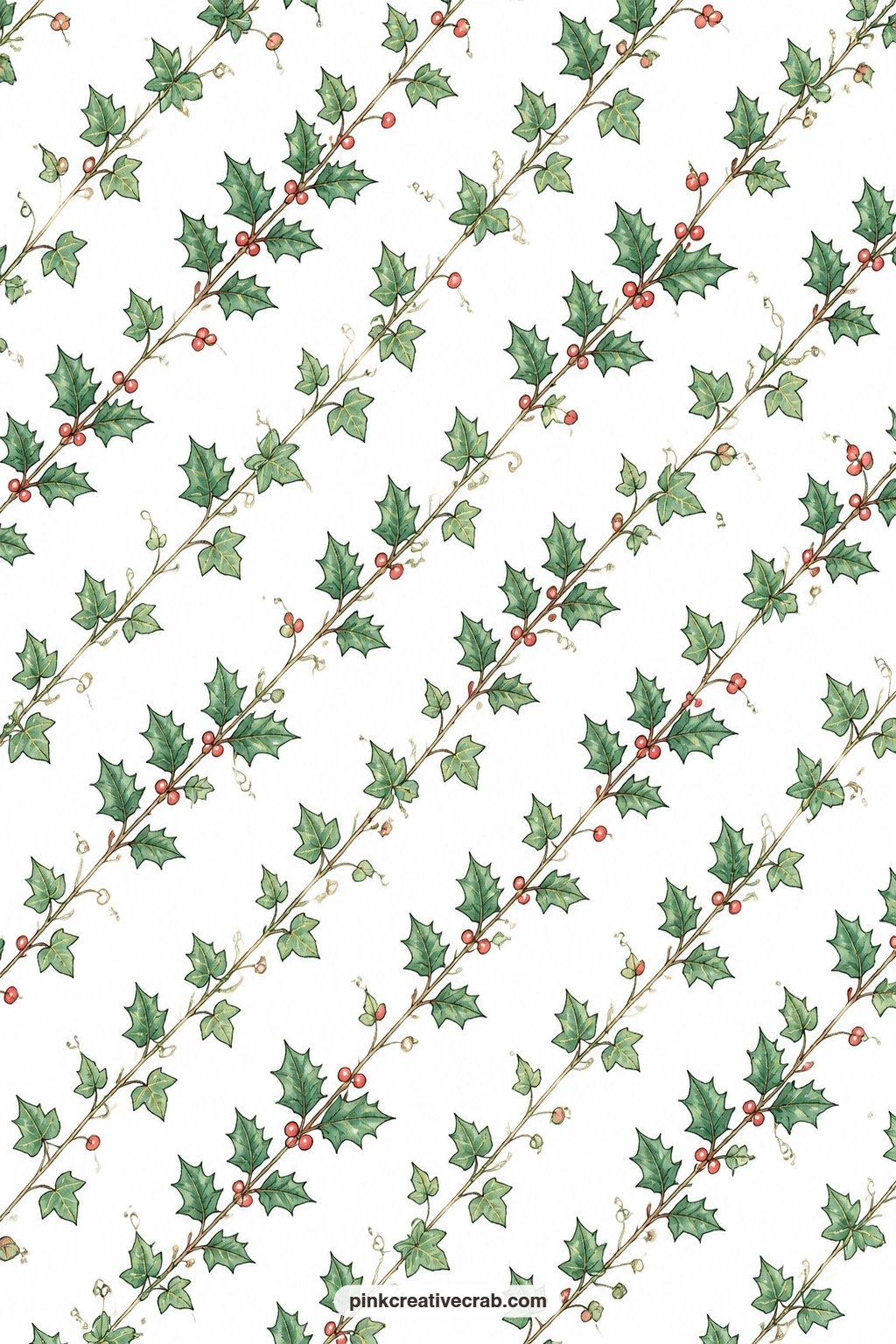 Holly and Ivy Trail Paper printable page — Trailing holly and ivy on white makes a calm base for a journal page, letting a photo or a handwritten note sit