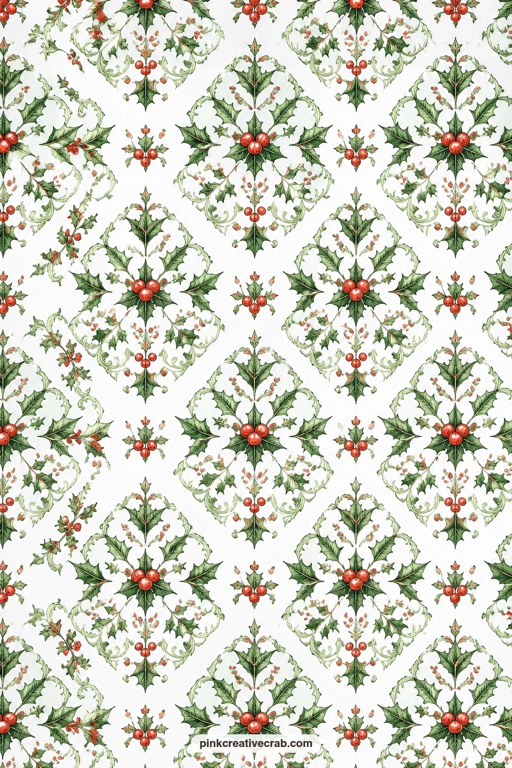 Holly Damask Paper printable page — A green and red holly damask on white works well as a card mat behind a sticker or a tiny paper diorama, giving it a formal